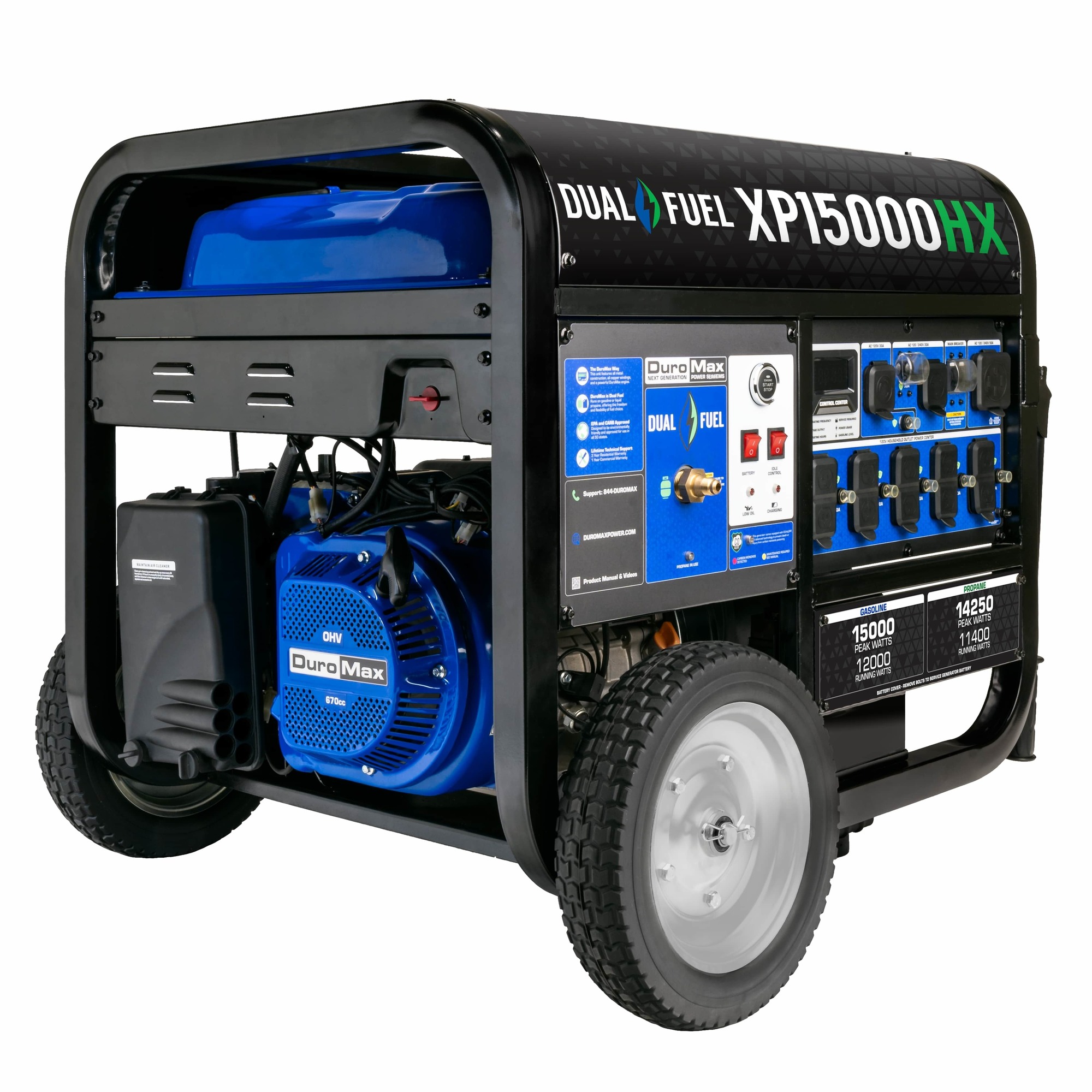 DuroMax, 15000-Watt Dual Fuel Portable Generator, Surge Watts 15000 Rated Watts 12000 Voltage 120/240 Model XP15000HX