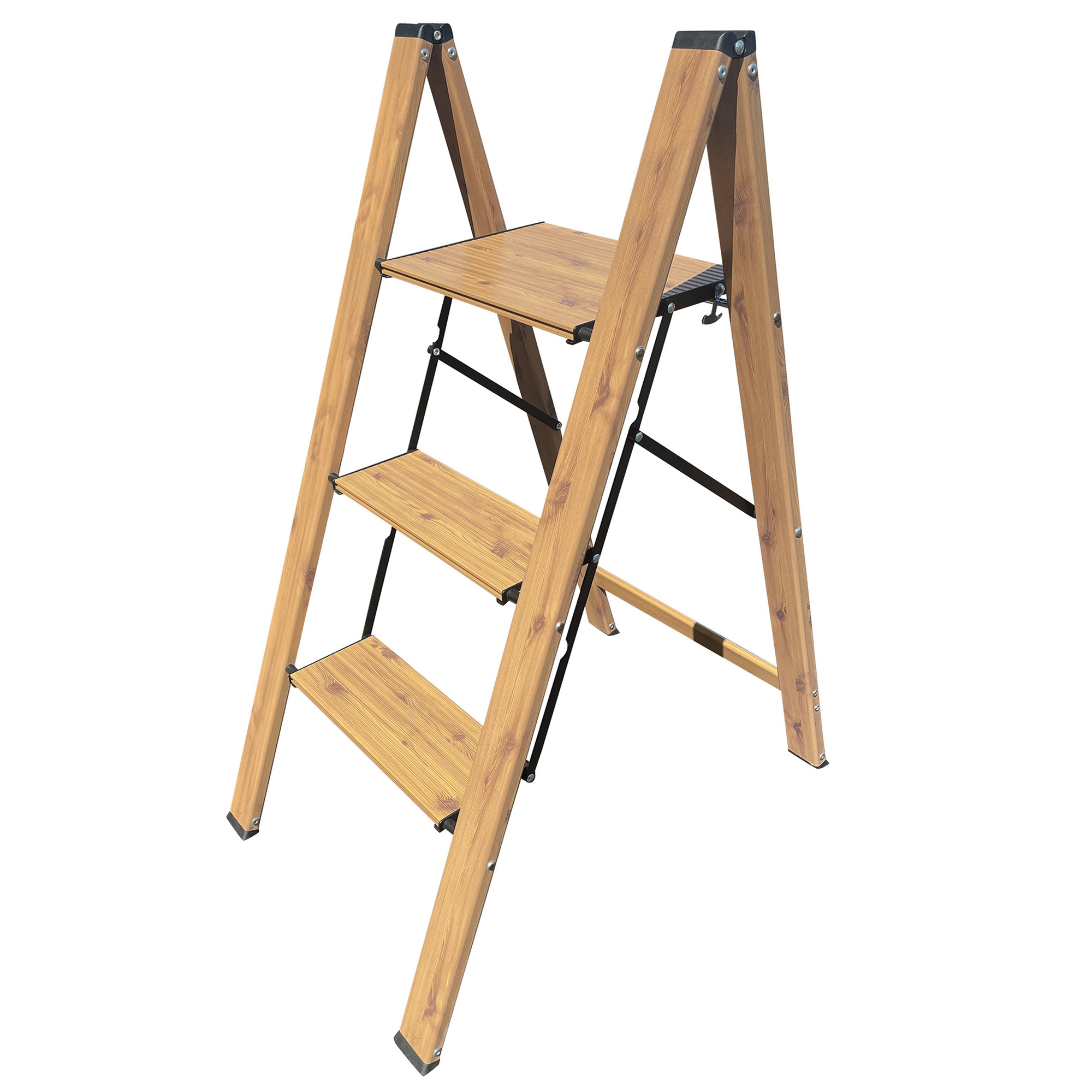 AMERIHOME, 3 Step Aluminum Wood Grain Folding Ladder, Height 35 ft, Capacity 330 lb, Material Aluminum, Model STLFFA3WG
