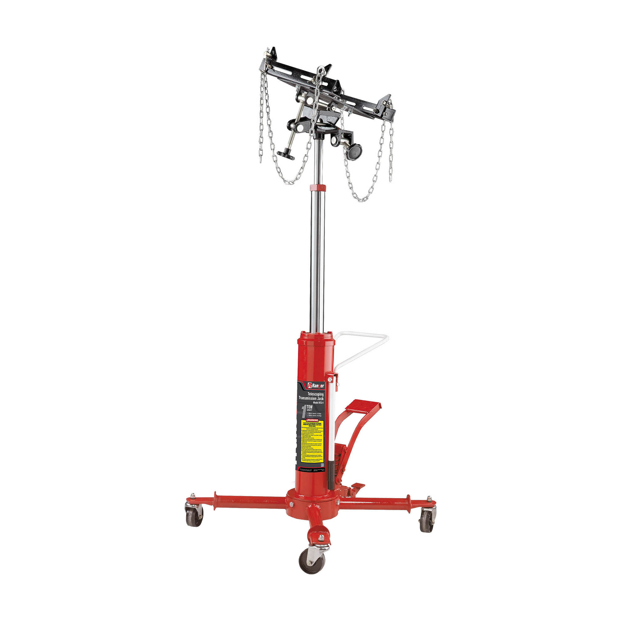 Ranger, 1-Ton Capacity Telescoping Transmission Jack, Lift Capacity 2000 lb, Max. Lift Height 73 in, MInch Lift Height 37 in, Model RTJ-1