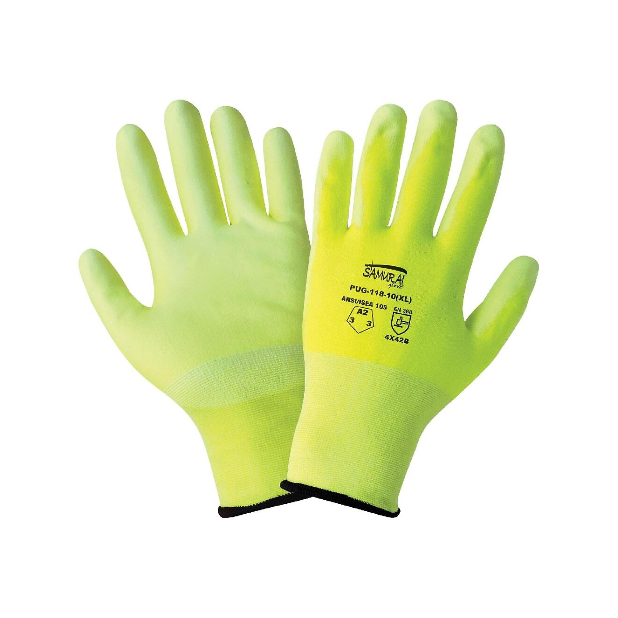 Global Glove Samurai Glove , High-Vis PU Coated Cut Resist Gloves - 12 Pairs, Size M, Color High-Visibility Yellow/Green, Included (qty.) 12 Model PUG