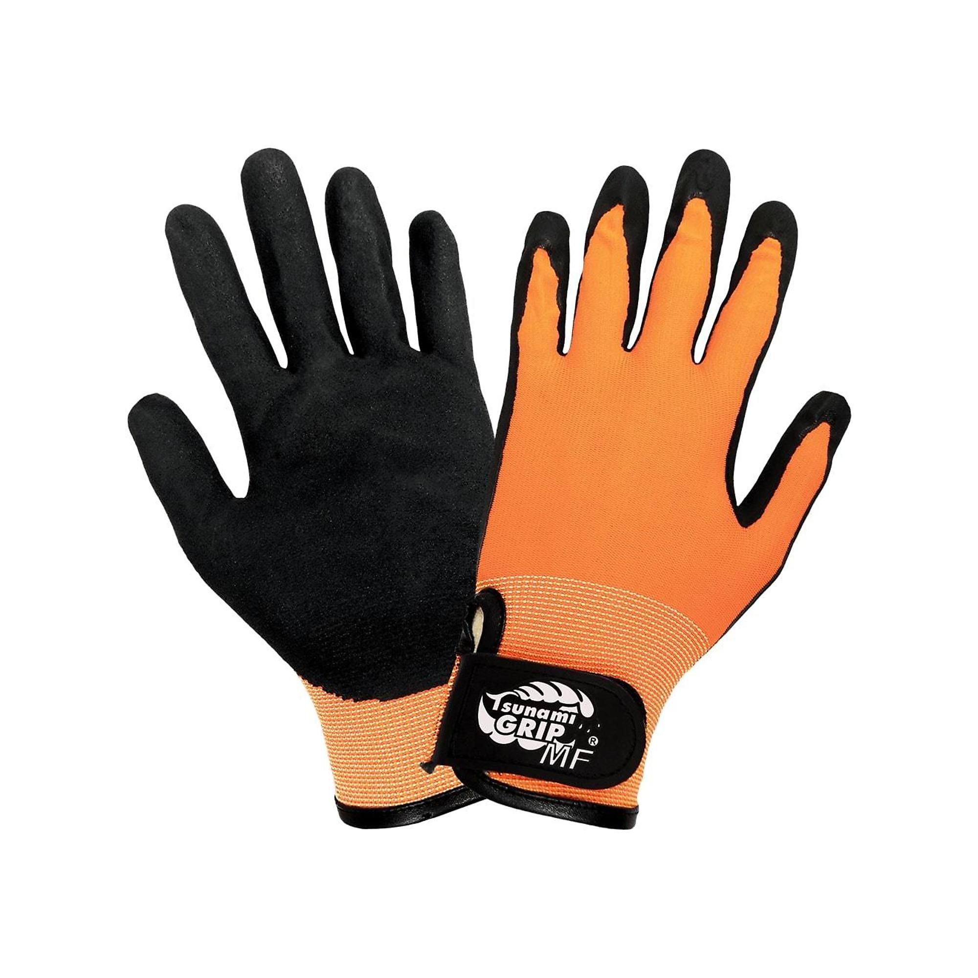 Global Glove Tsunami Grip , MF HV Mach Finish Nitrile Palm Coated Gloves, Size S, Color High-Visibility Orange/Black, Included (qty.) 12 Model 510MFV-
