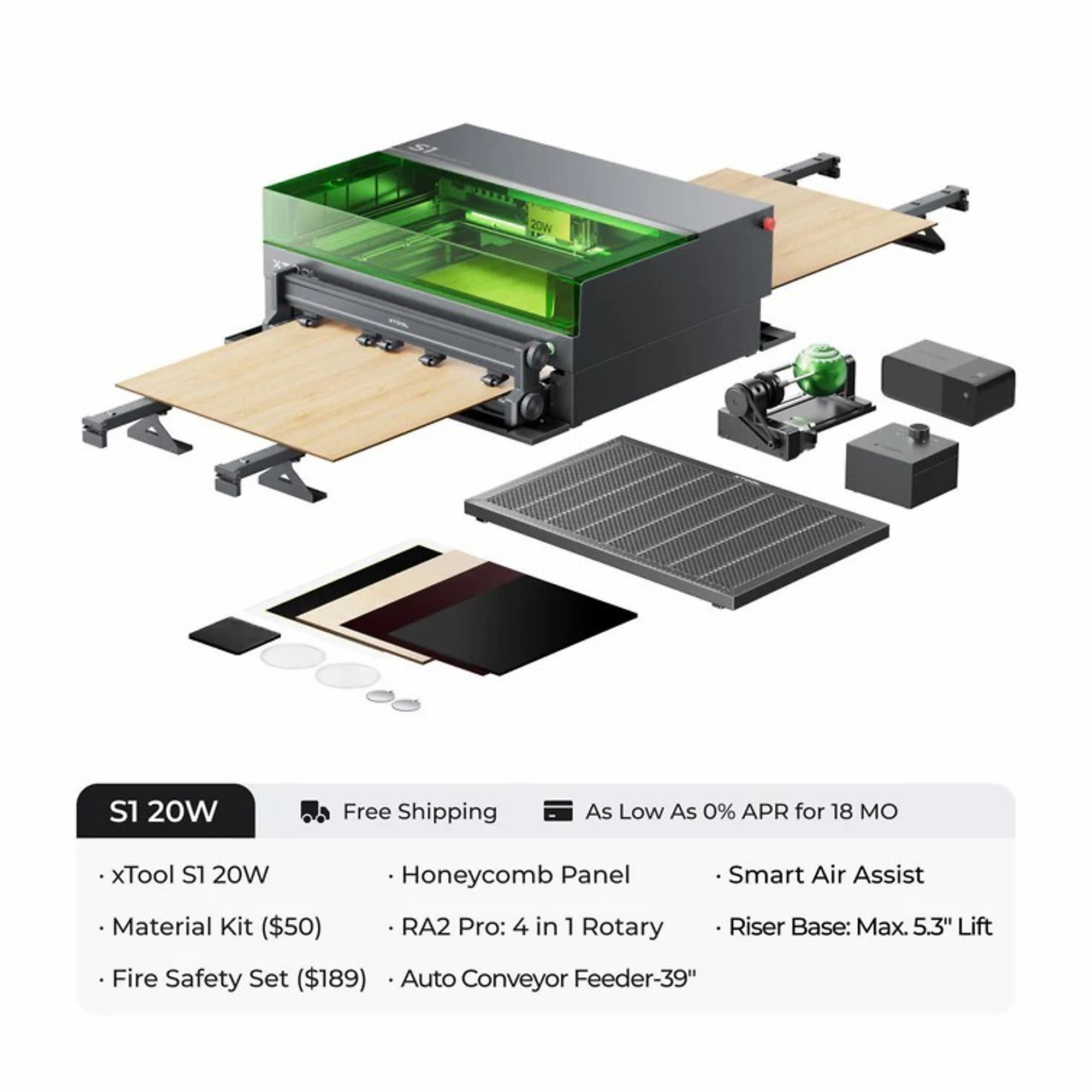 xTool, Laser Cutter and Engraver S1 20w, 600mm/s,, Working Width 25.98 in, Working Length 33.86 in, Laser Power 20 W, Model P1030503-P5010290-P5010279
