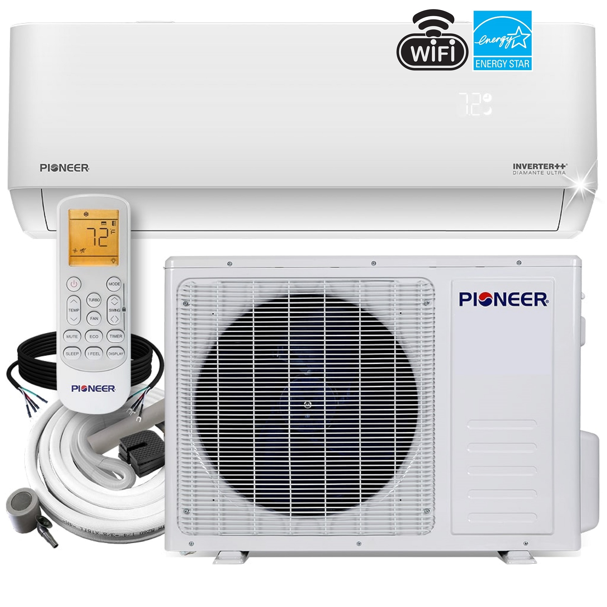 PIONEER, 12000 BTU Mini Split Inverter++ AC Heat Pump 230V, BTU Cooling 12000 Volts 230 Cooling Capacity 450 ftÂ², Model WYT012GLFI22RL