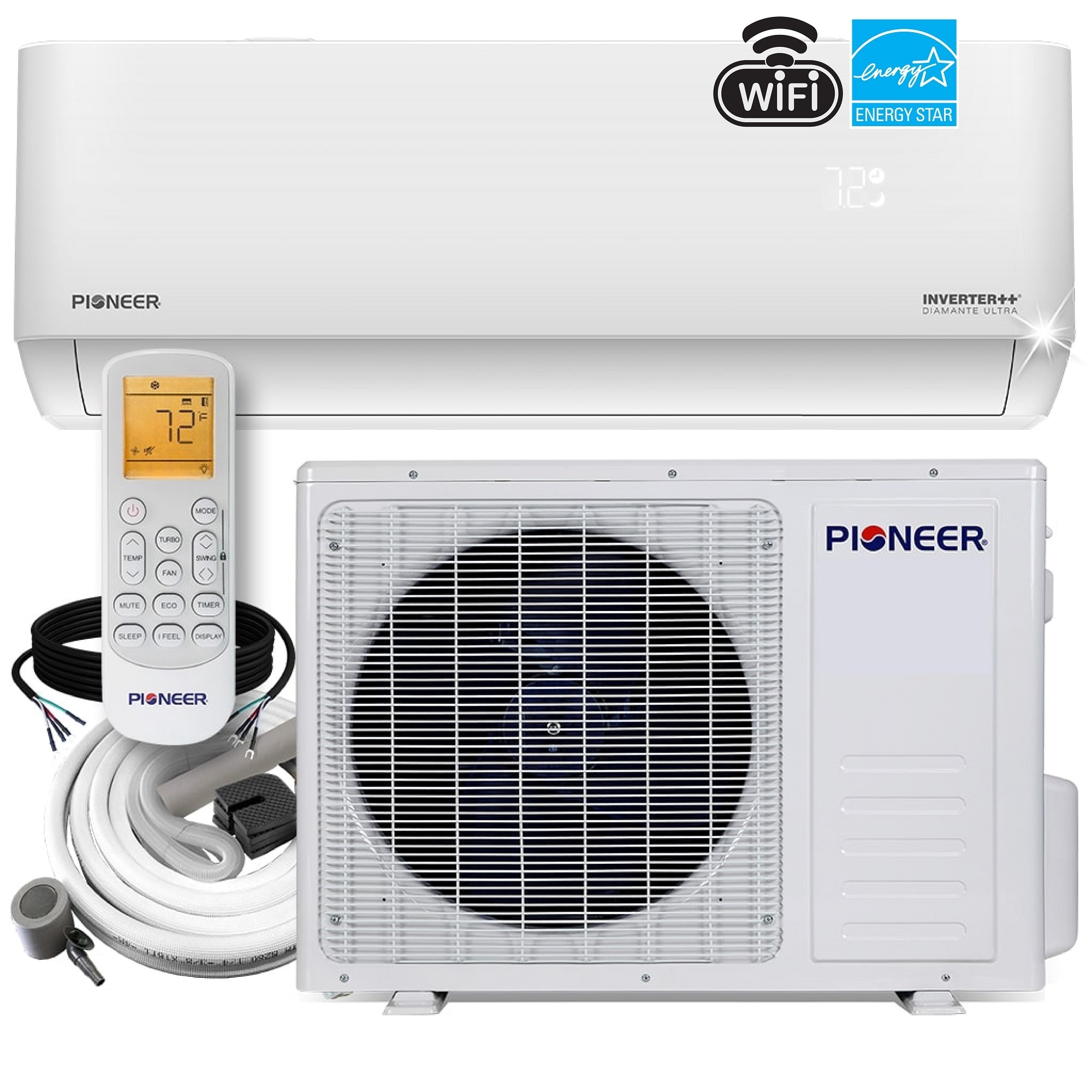 PIONEER, 12000 BTU Mini Split Inverter++ AC Heat Pump 115V, BTU Cooling 12000 Volts 115 Cooling Capacity 450 ftÂ², Model WYT012ALFI22RL