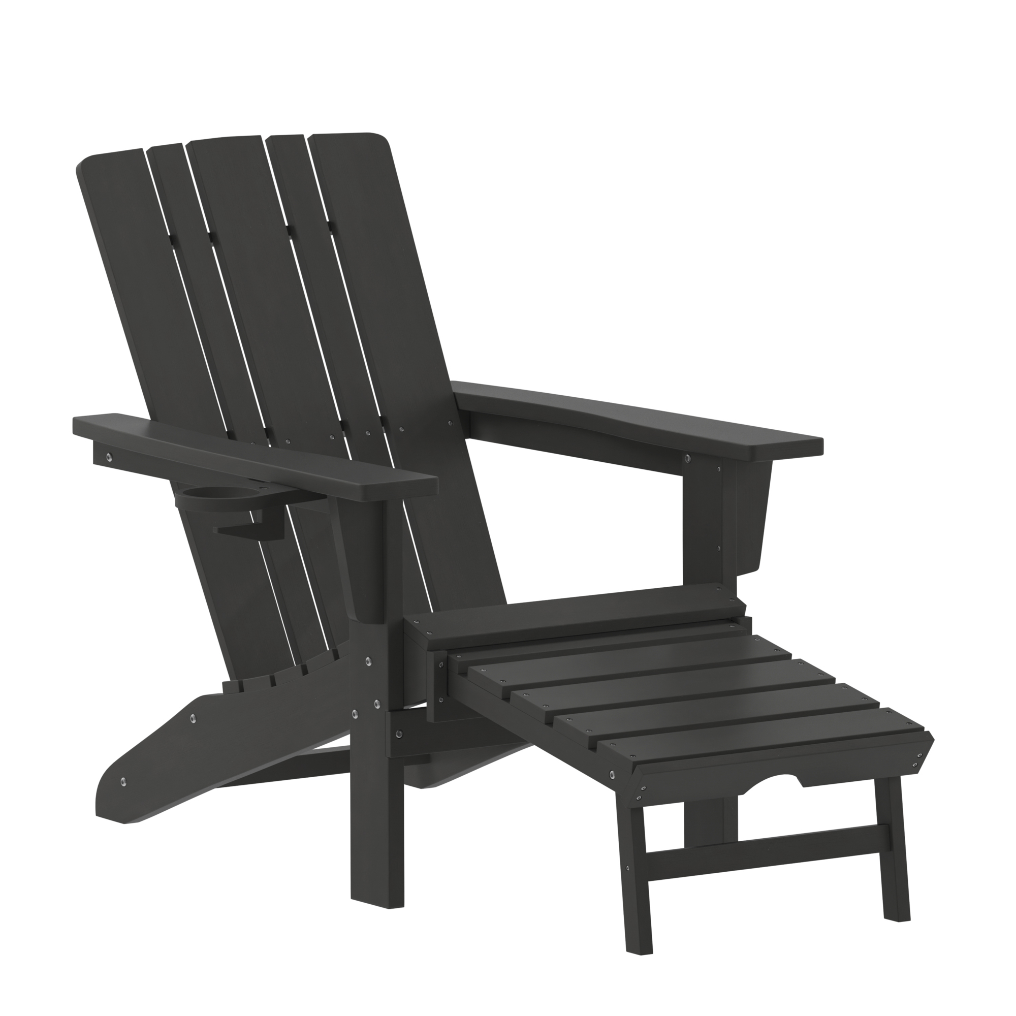 Flash Furniture, Black Adirondack Chair with Ottoman and Cupholder, Primary Color Black, Material HDPE, Width 33.75 in, Model LEHMP1045110BK
