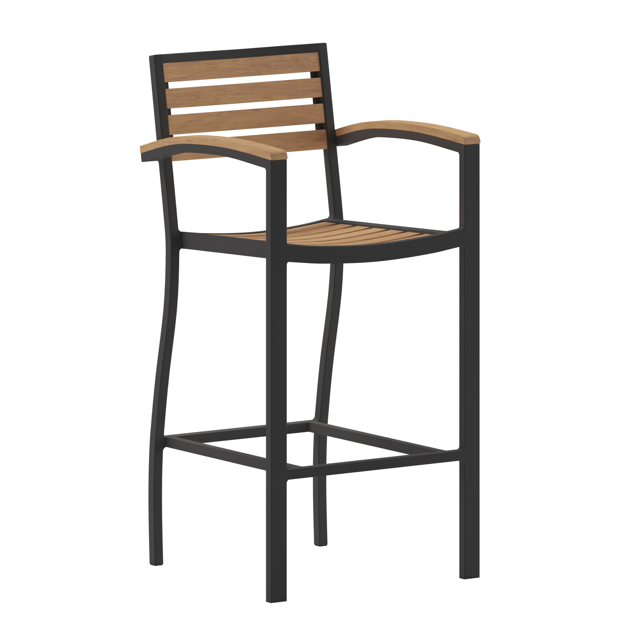 Flash Furniture, Patio Bar Stool with Faux Teak Slats and Armrests, Primary Color Brown, Material Aluminum, Width 22 in, Model XUDGHW6036BA