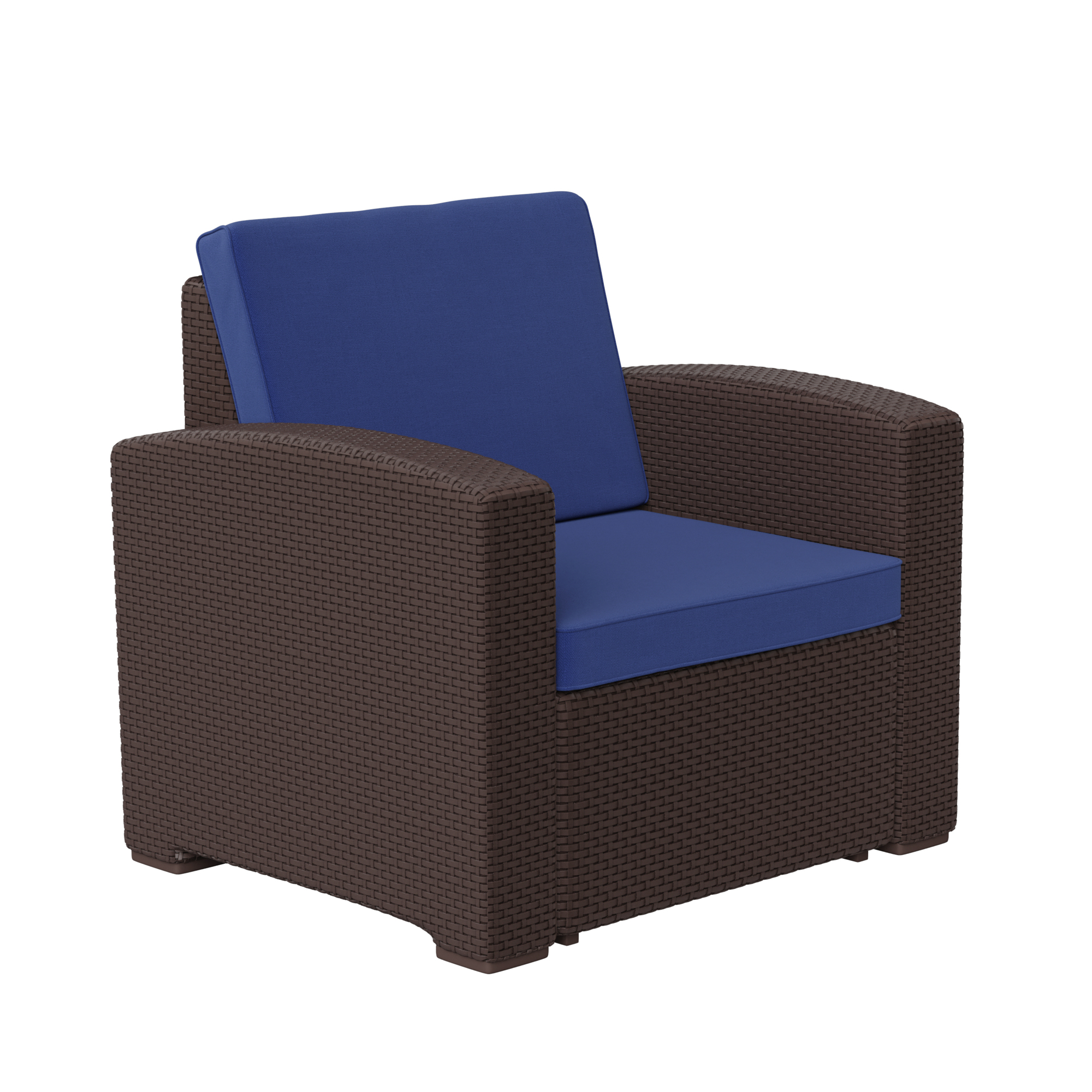 Flash Furniture, Chocolate Rattan Chair w/All-Weather Navy Cushion, Primary Color Brown, Material Resin, Width 32.75 in, Model DADSF11BNNV