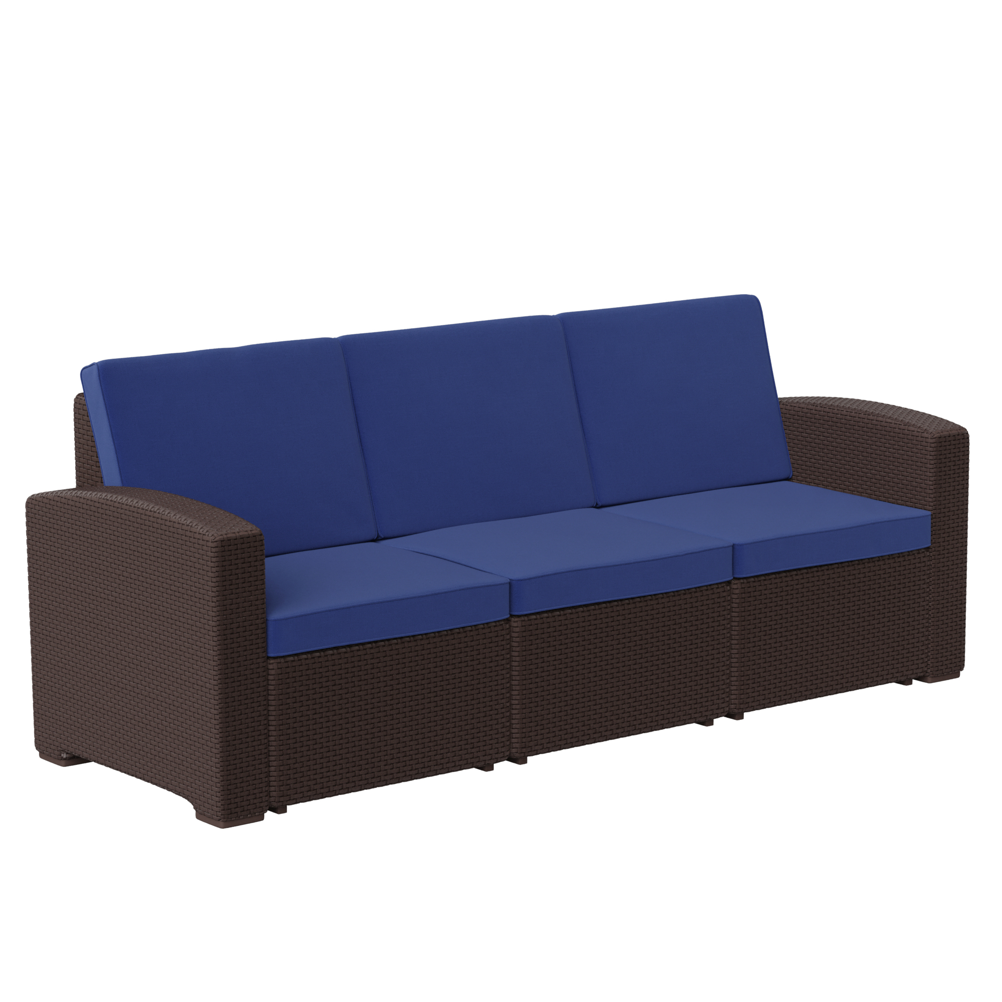 Flash Furniture, Chocolate Rattan Sofa w/All-Weather Navy Cushions, Primary Color Brown, Material Resin, Width 78.5 in, Model DADSF13BNNV
