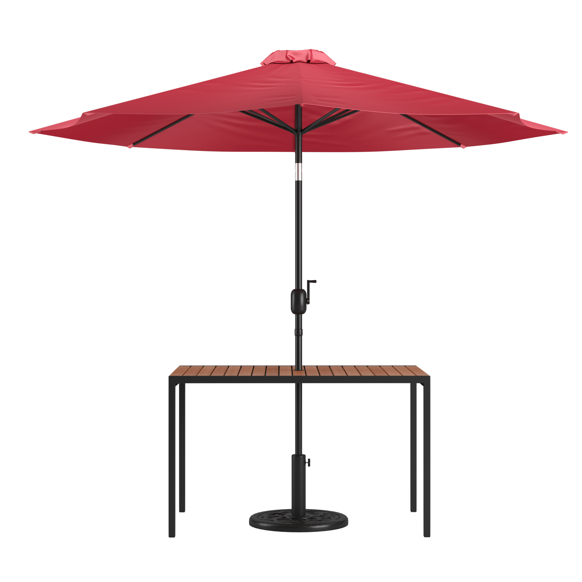 Flash Furniture, Faux Teak 30 x 48 Patio Table-Red Umbrella Base, Table Shape Rectangle, Primary Color Red, Height 29.5 in, Model XU3048UB19BRD