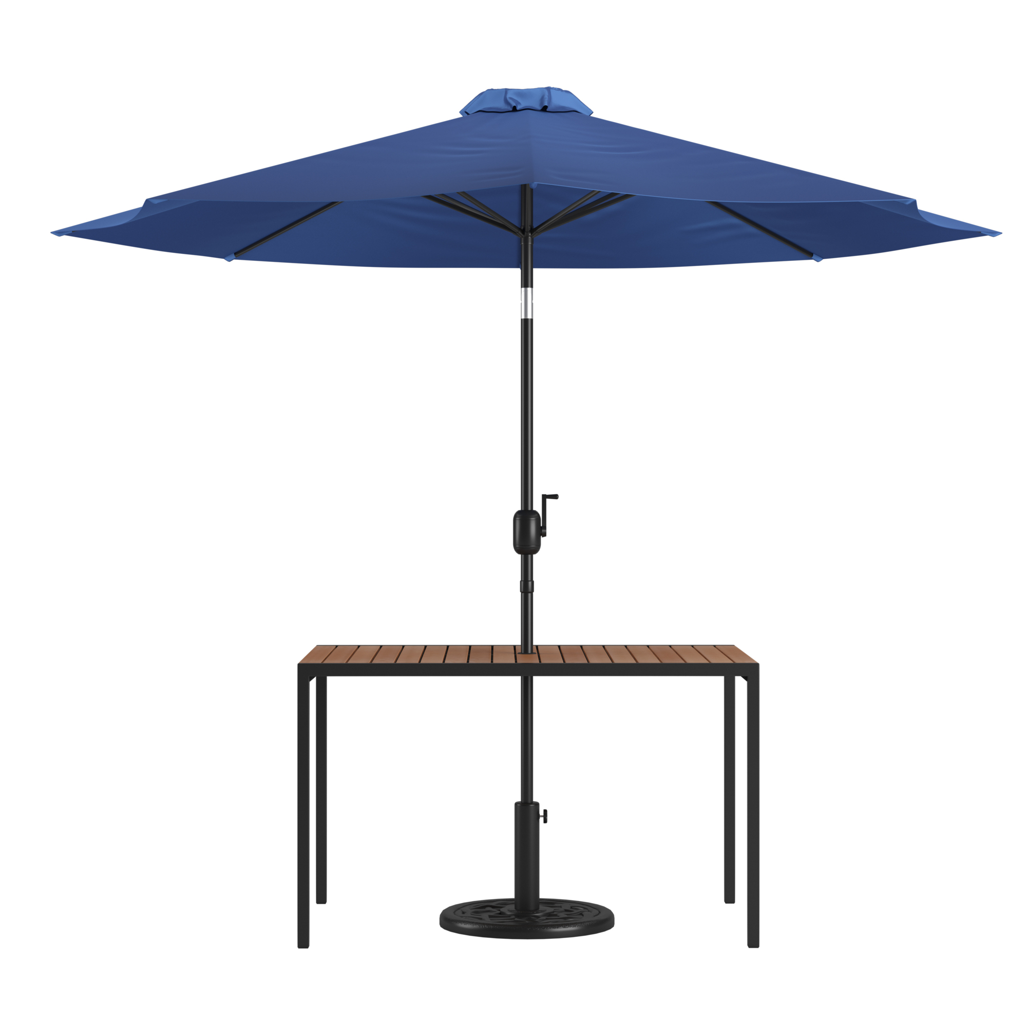 Flash Furniture, Faux Teak 30 x 48 Patio Table-Navy Umbrella Base, Table Shape Rectangle, Primary Color Blue, Height 29.5 in, Model XU3048UB19BNV