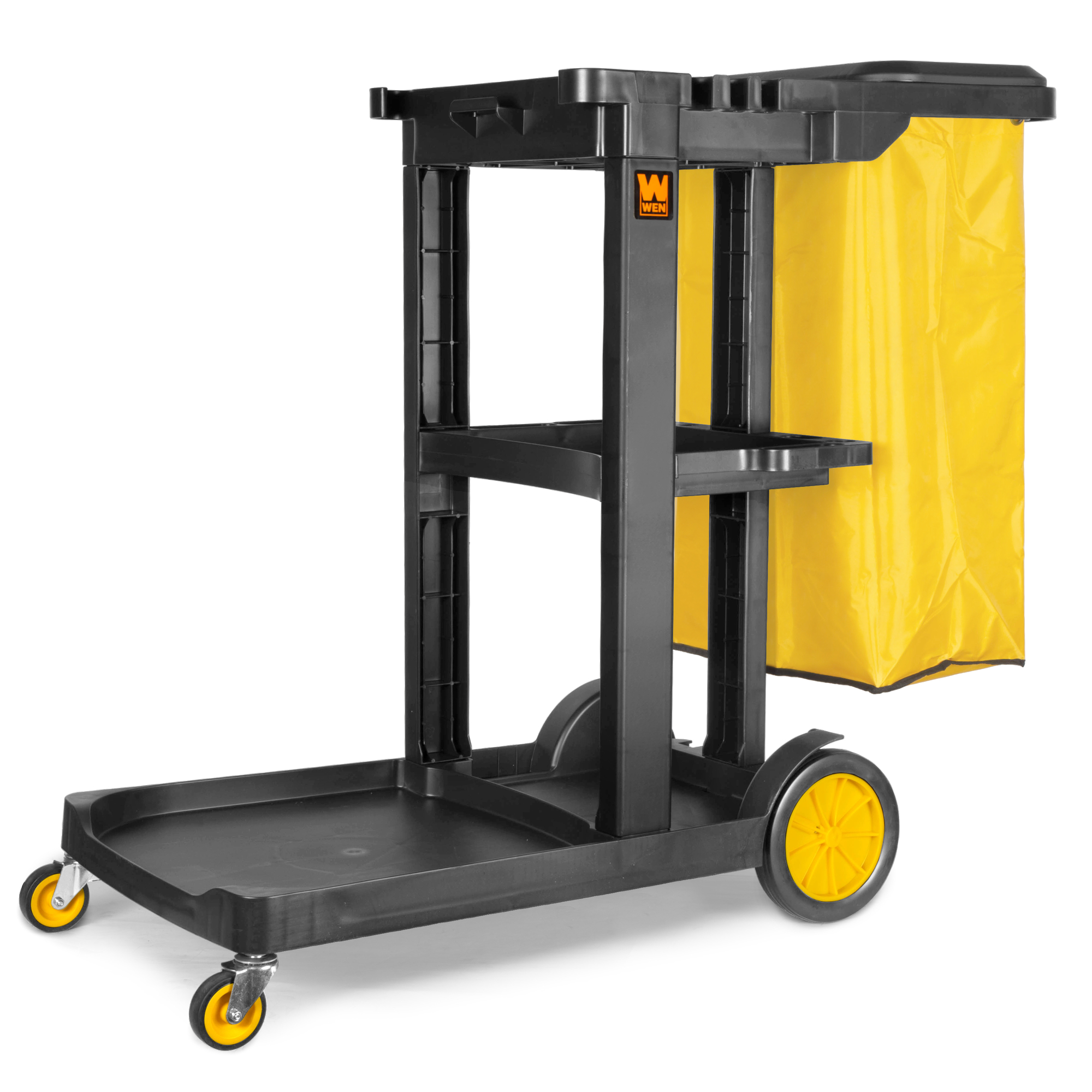 WEN, Janitorial Cart with 3 Shelves and 25-Gallon Vinyl Bag, Capacity 25 Gal, Model 73033