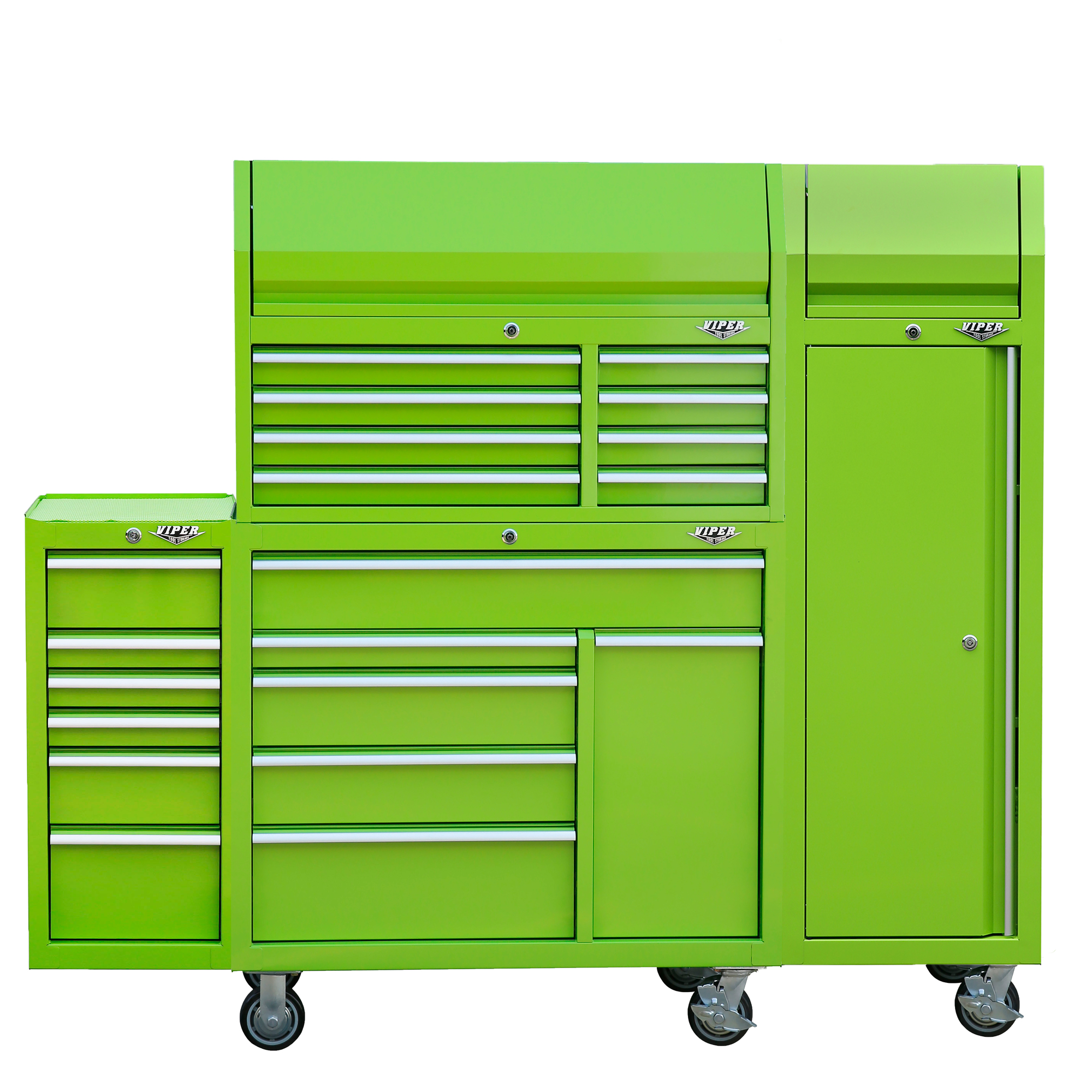 Viper Tool Storage, 41Inch Rll Cab Bd w 1 Side Cab and 1 Side Lkr, Lime, Width 77.63 in, Height 67 in, Color Lime, Model V41C2LG