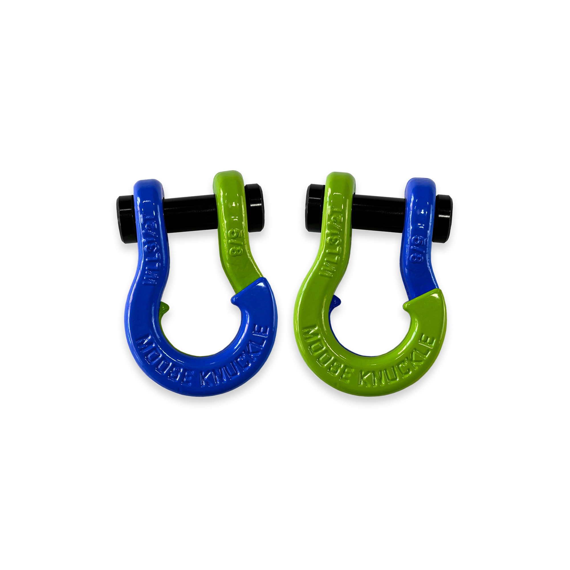 Moose Knuckle Offroad, 5/8 Recovery Split Shackle Blue Balls / Sublime Green, Working Load Limit 7000 lb, Model FN000025-071