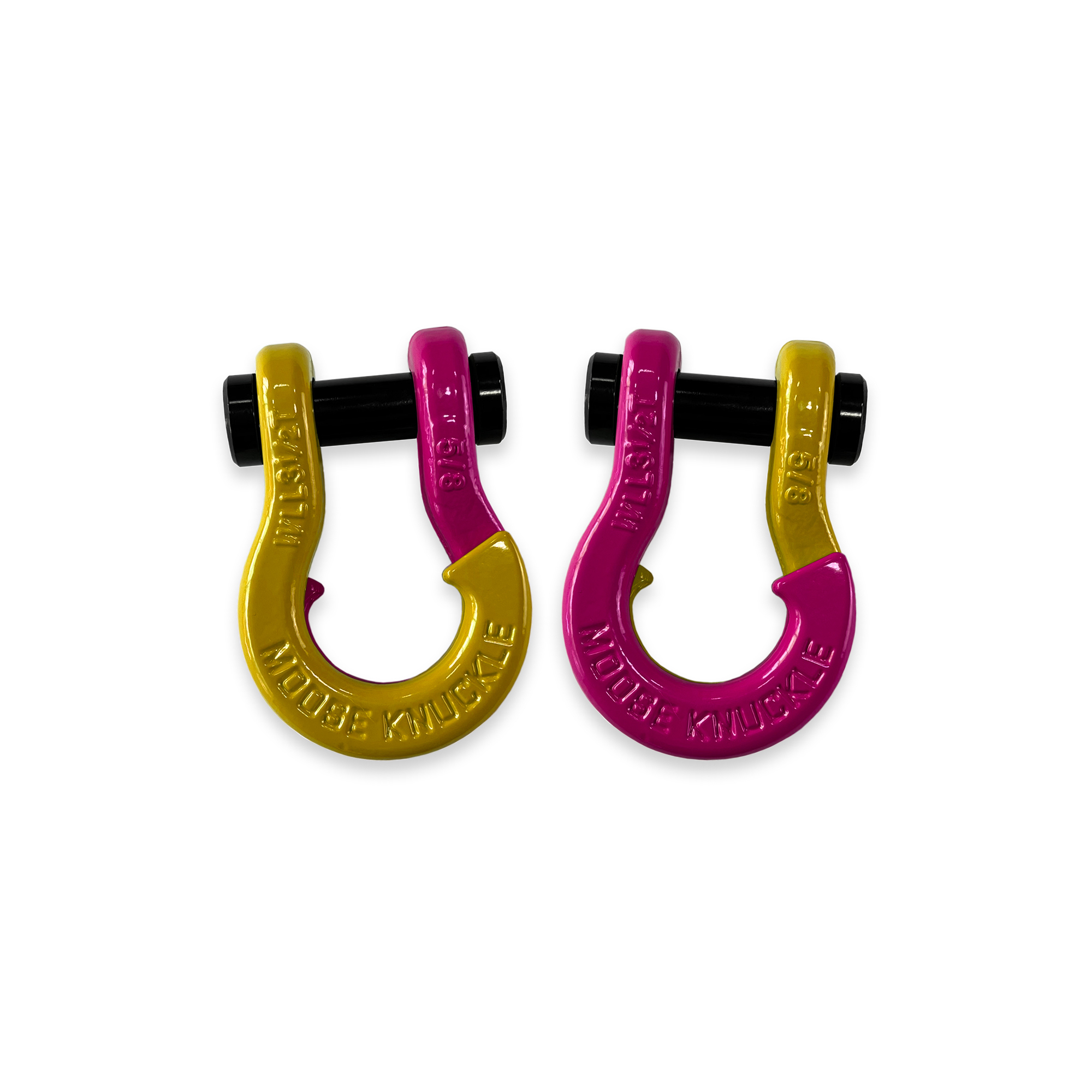 Moose Knuckle Offroad, 5/8 Recovery Split Shackle Detonator Yellow / Pogo Pink, Working Load Limit 7000 lb, Model FN000025-204