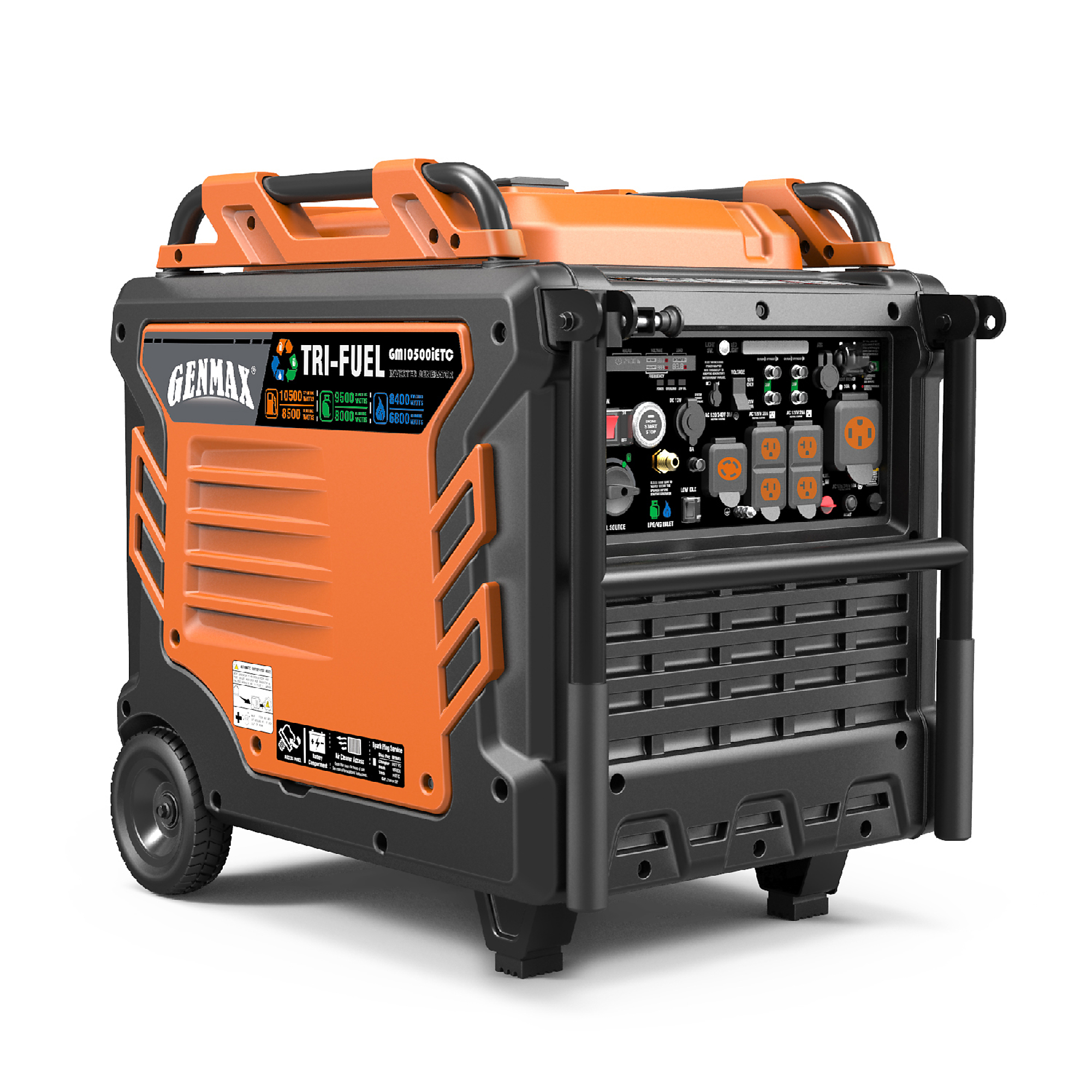 GENMAX, Portable Inverter Generator, 10500w Tri-Fuel, Surge Watts 10500 Voltage 120/240 Model GM10500iETC