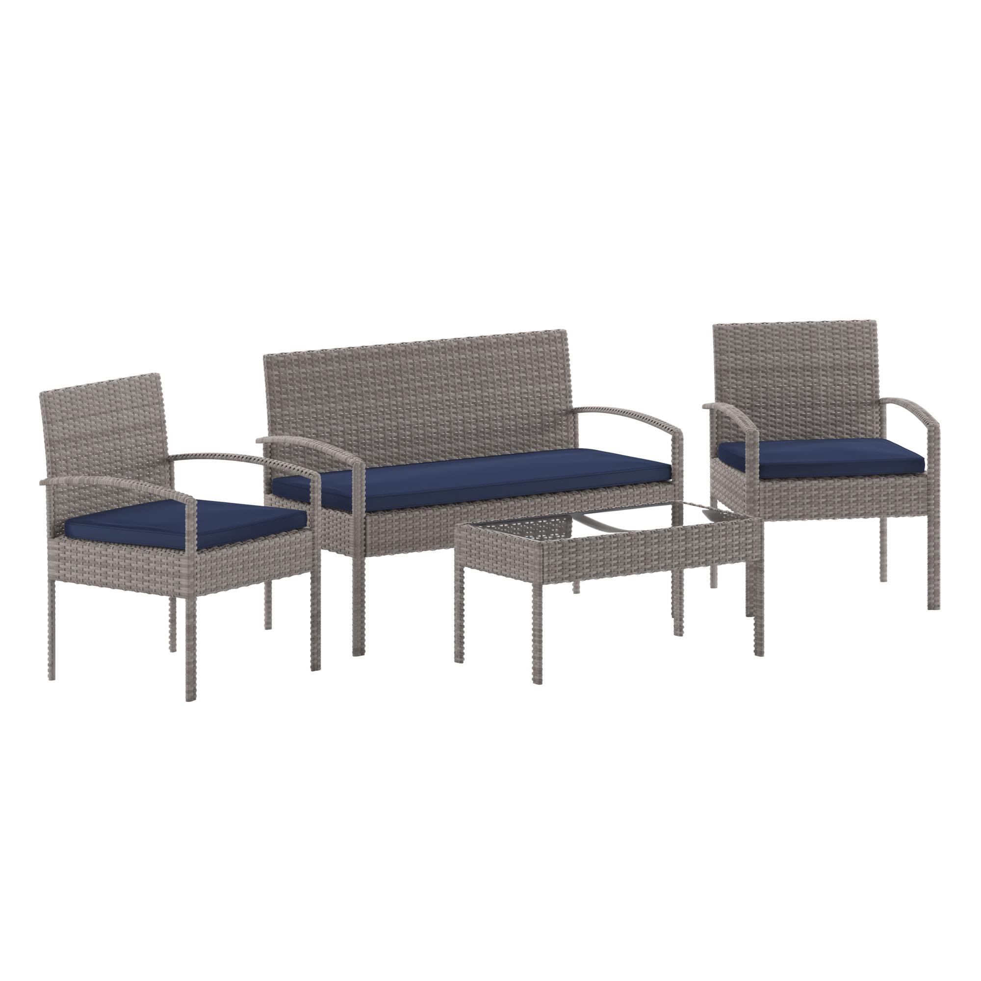 Flash Furniture, 4 Piece Gray Patio Set with Navy Cushions, Pieces (qty.) 1 Primary Color Gray, Seating Capacity 4 Model JJS312GYNV