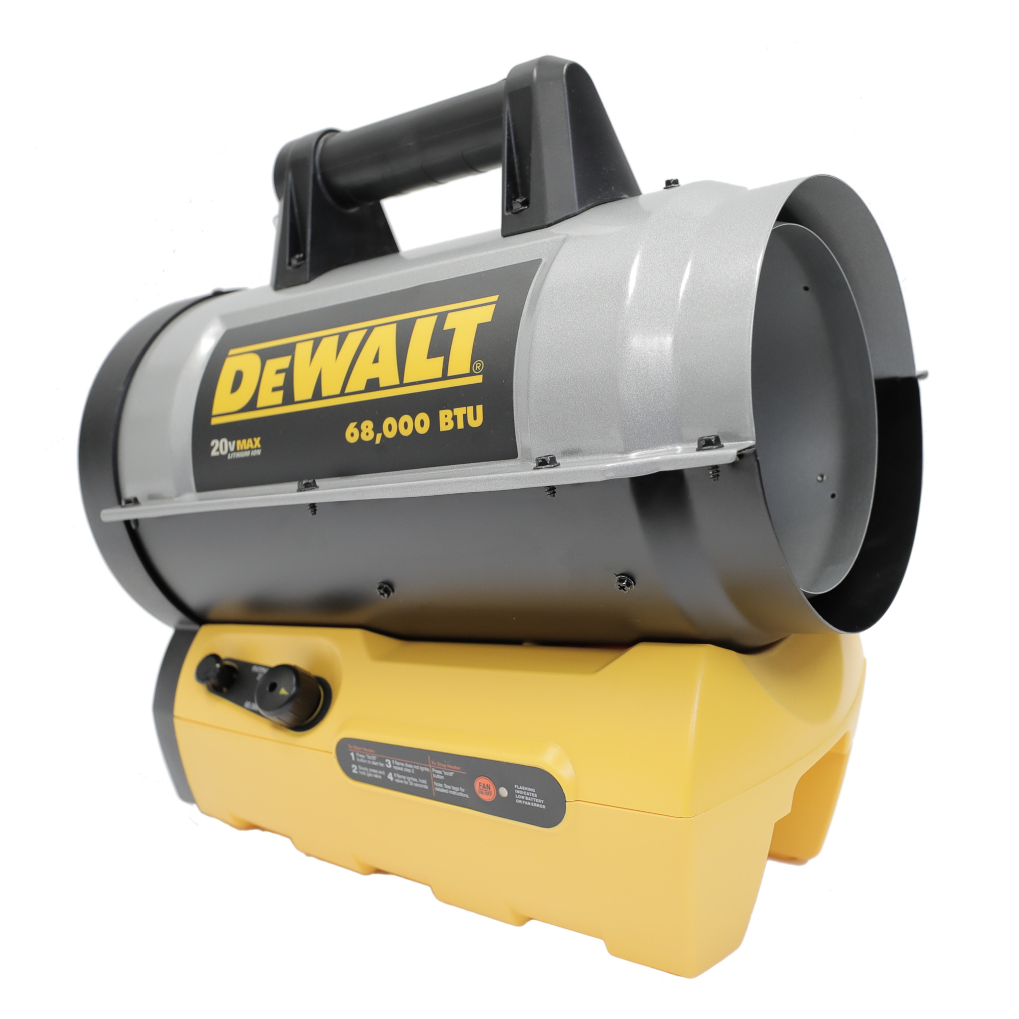 DEWALT, Cordless Portable Propane Forced Air Heater, Heat Type Forced Air, Heat Output 68000 Btu/hour, Heating Capability 1700 ftÂ², Model F340662