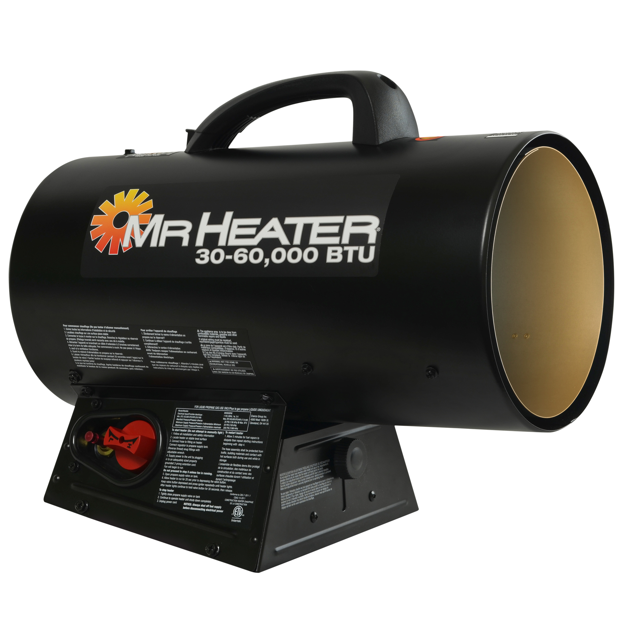 Mr. Heater, Forced air Propane Heater, Heat Type Forced Air, Heat Output 60000 Btu/hour, Heating Capability 1500 ftÂ², Model F271370