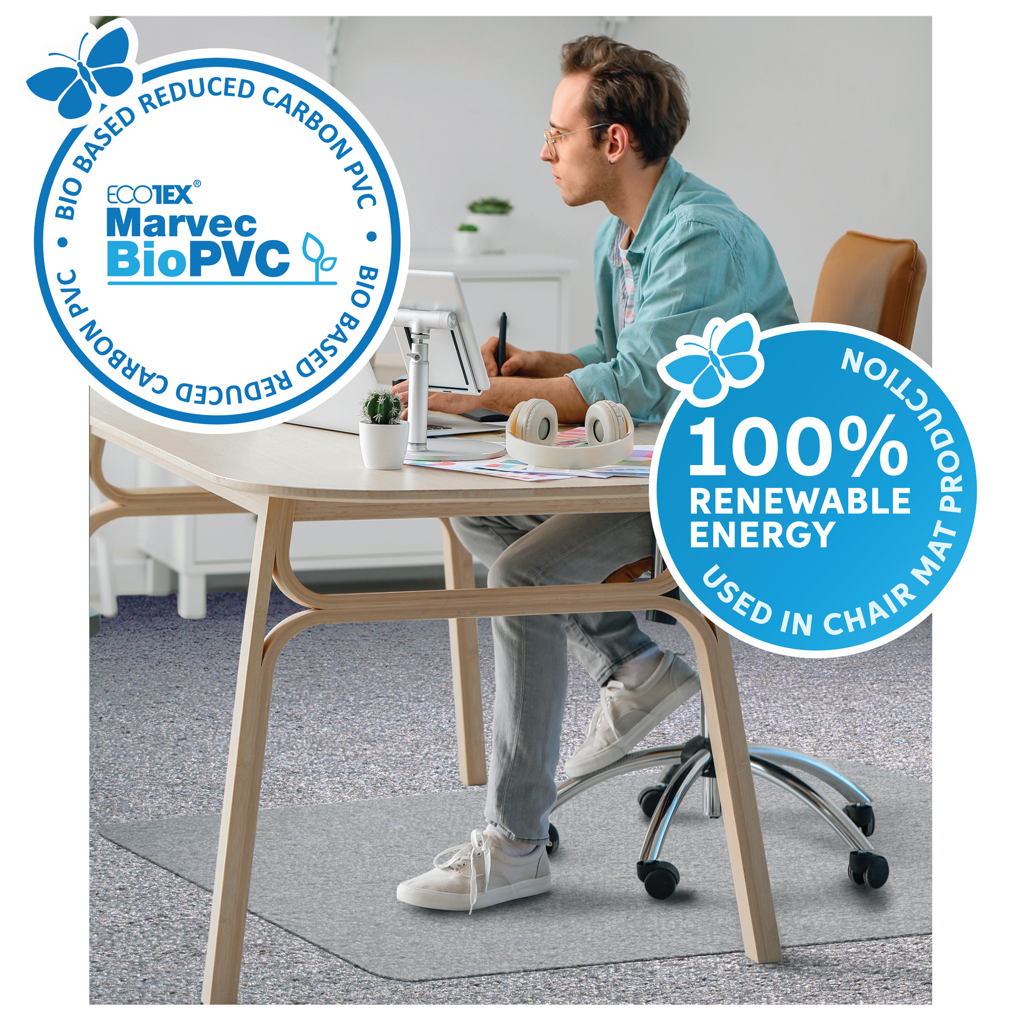 FLOORTEX BioPVC, Eco Friendly Reduced Carbon Chair Mat Carpet 45x53 Length 53 in, Width 45 in, Material PVC, Model NRCMFLFG0003
