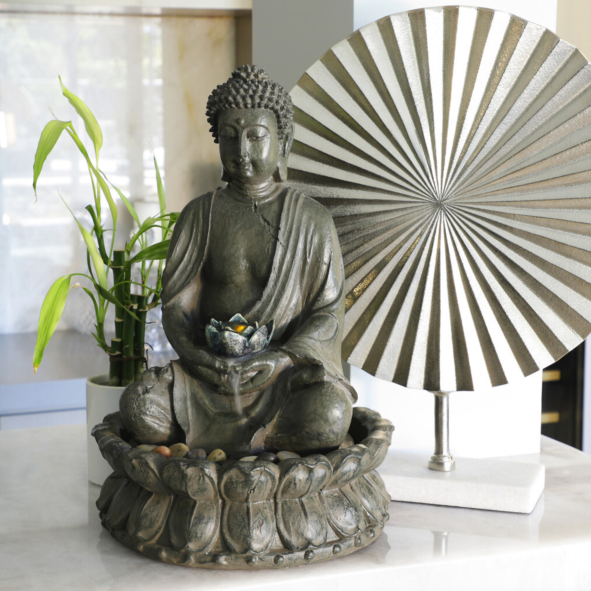 Alpine Corporation, Flower Fountain with LED Lights,Buddha with Lotus, Volts 12 Power Cord Length 6.06 ft, Model GEM178