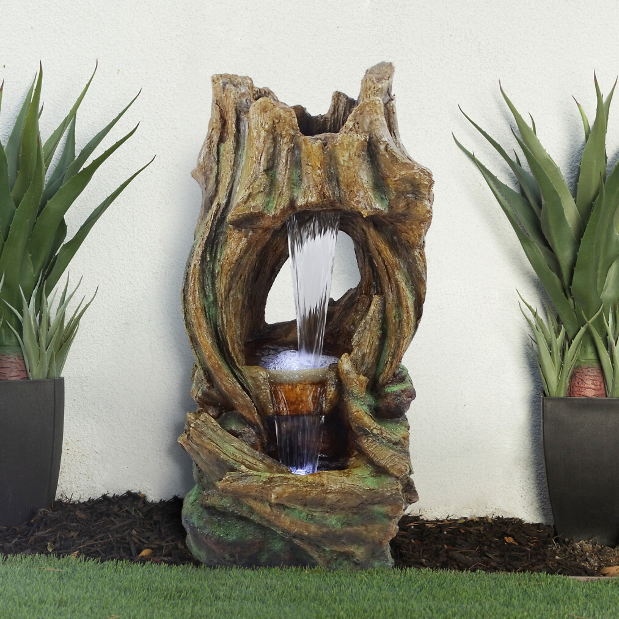 Alpine Corporation, Open Tree Trunk Fountain w/ Cool White LED Lights, Power Cord Length 5.9 ft, Model TZL290