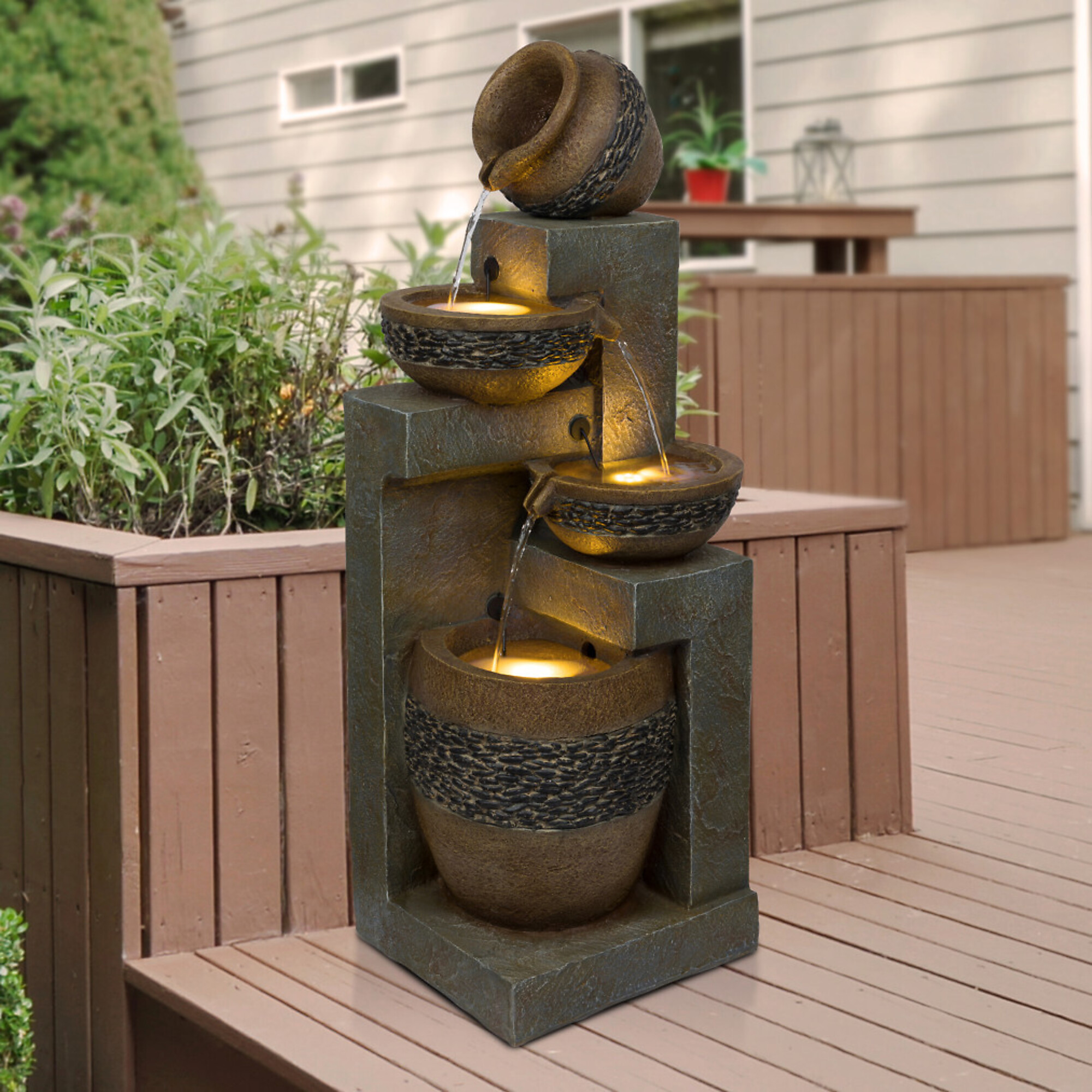 Alpine Corporation, Pots with Stones Fountain with LED Lights,4 Tier, Volts 120 Power Cord Length 6 ft, Model TVH244
