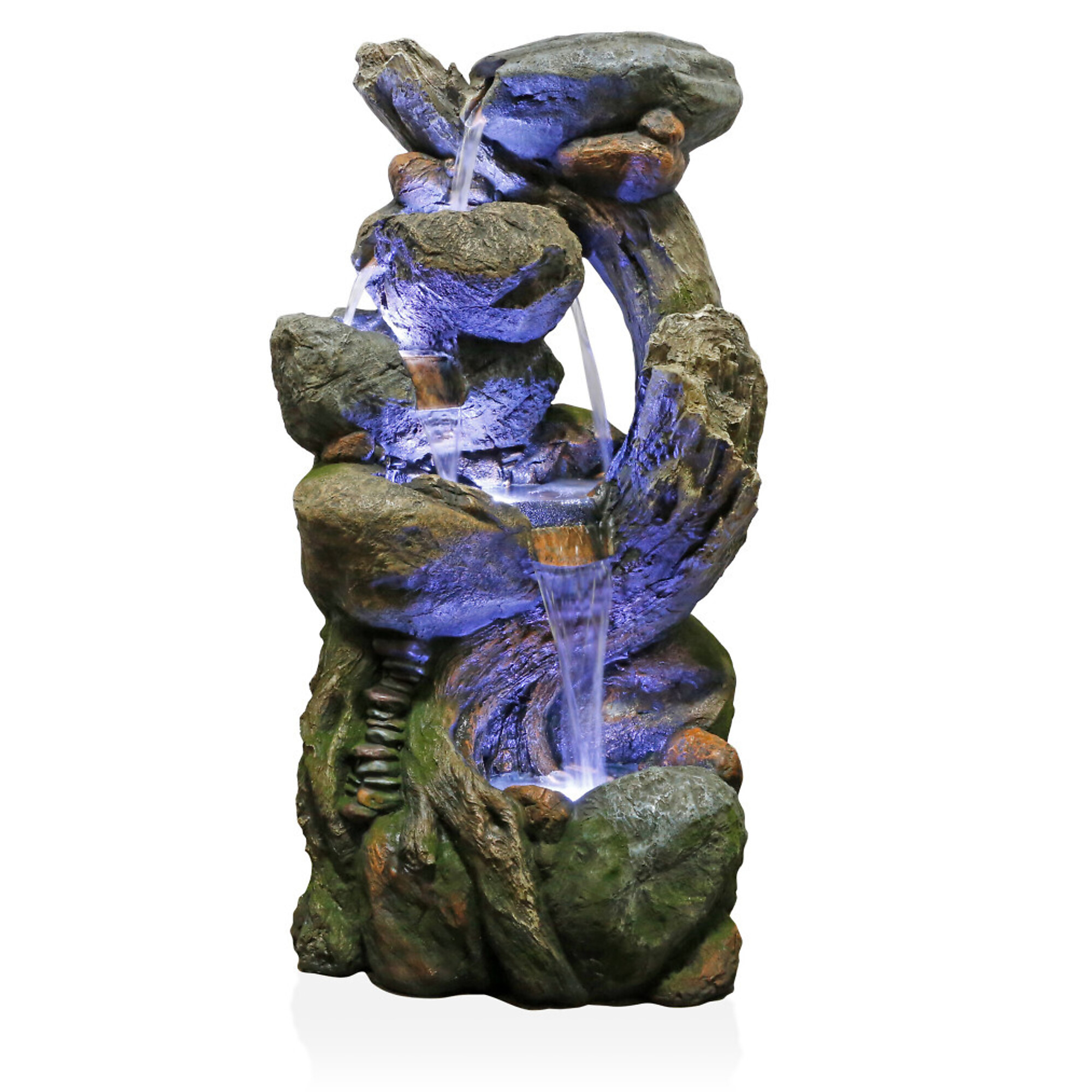Alpine Corporation, Rock and Tree Trunk Fountain w/ LED Lts,Cascading, Power Cord Length 6.23 ft, Model WIN1546