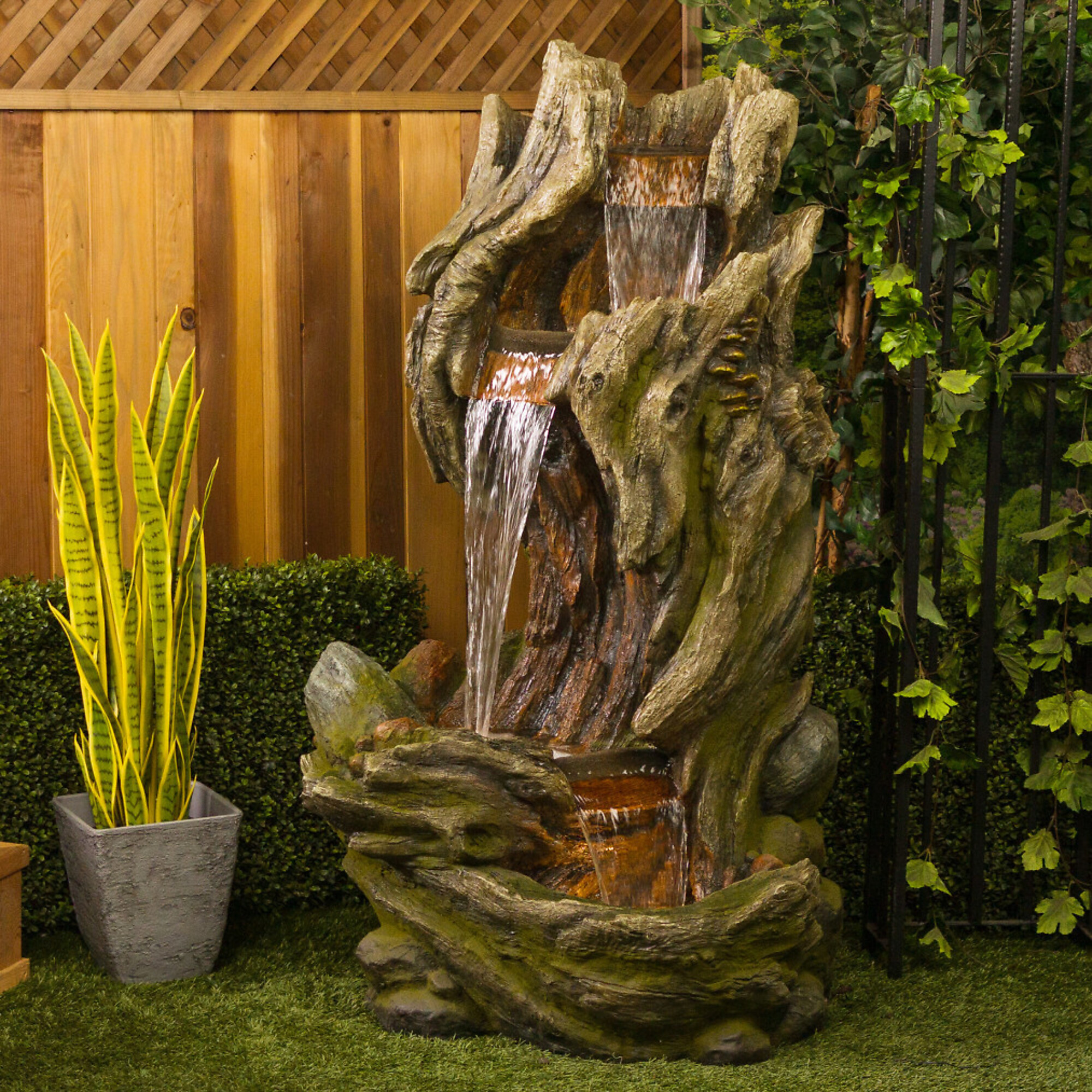 Alpine Corporation, Log Fountain with Warm White LED Lights,3 Tier, Volts 120 Power Cord Length 6 ft, Model WIN1642