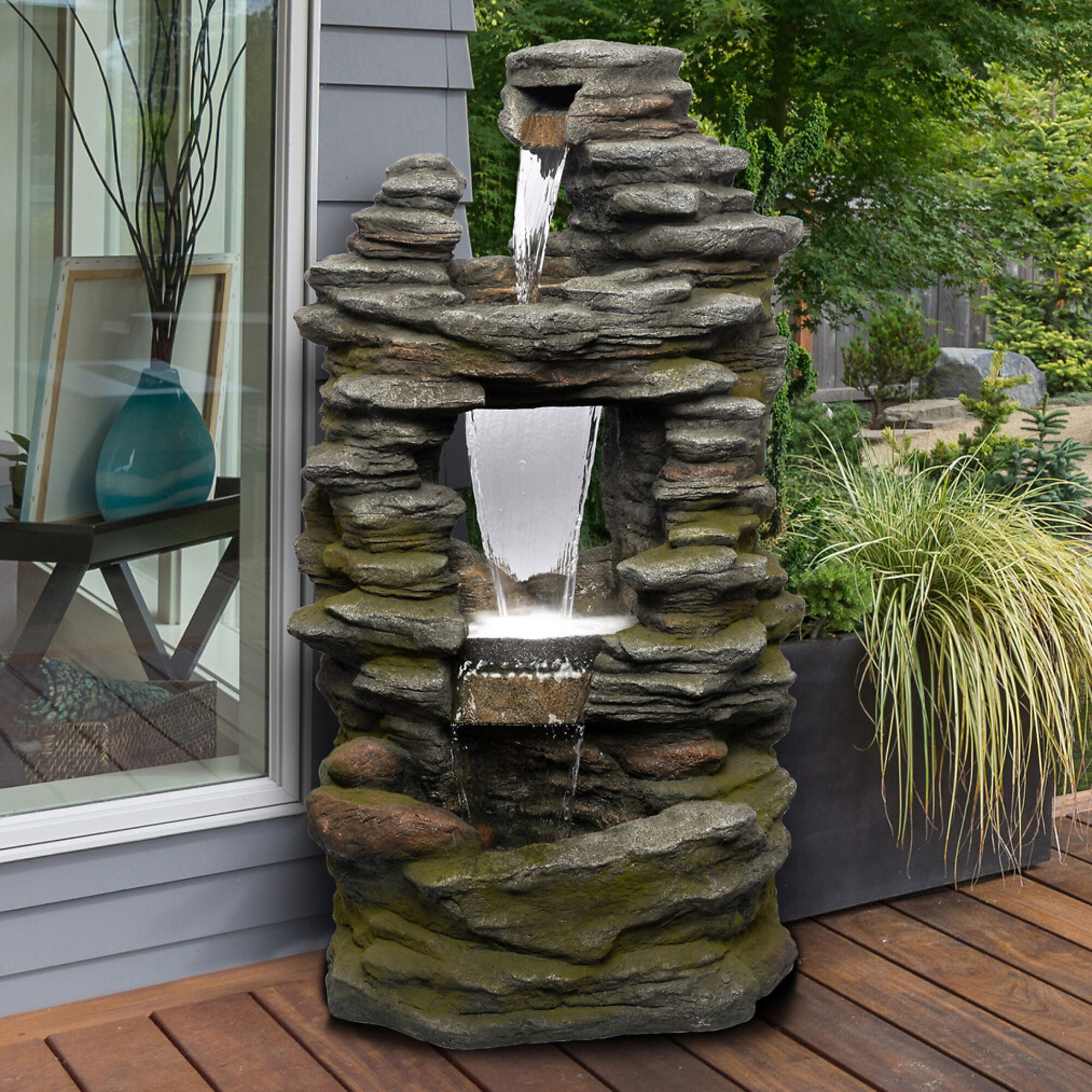 Alpine Corporation, Stone Rainforest Fountain w/ LED Lights,Stacked, Volts 120 Power Cord Length 6 ft, Model WIN1648