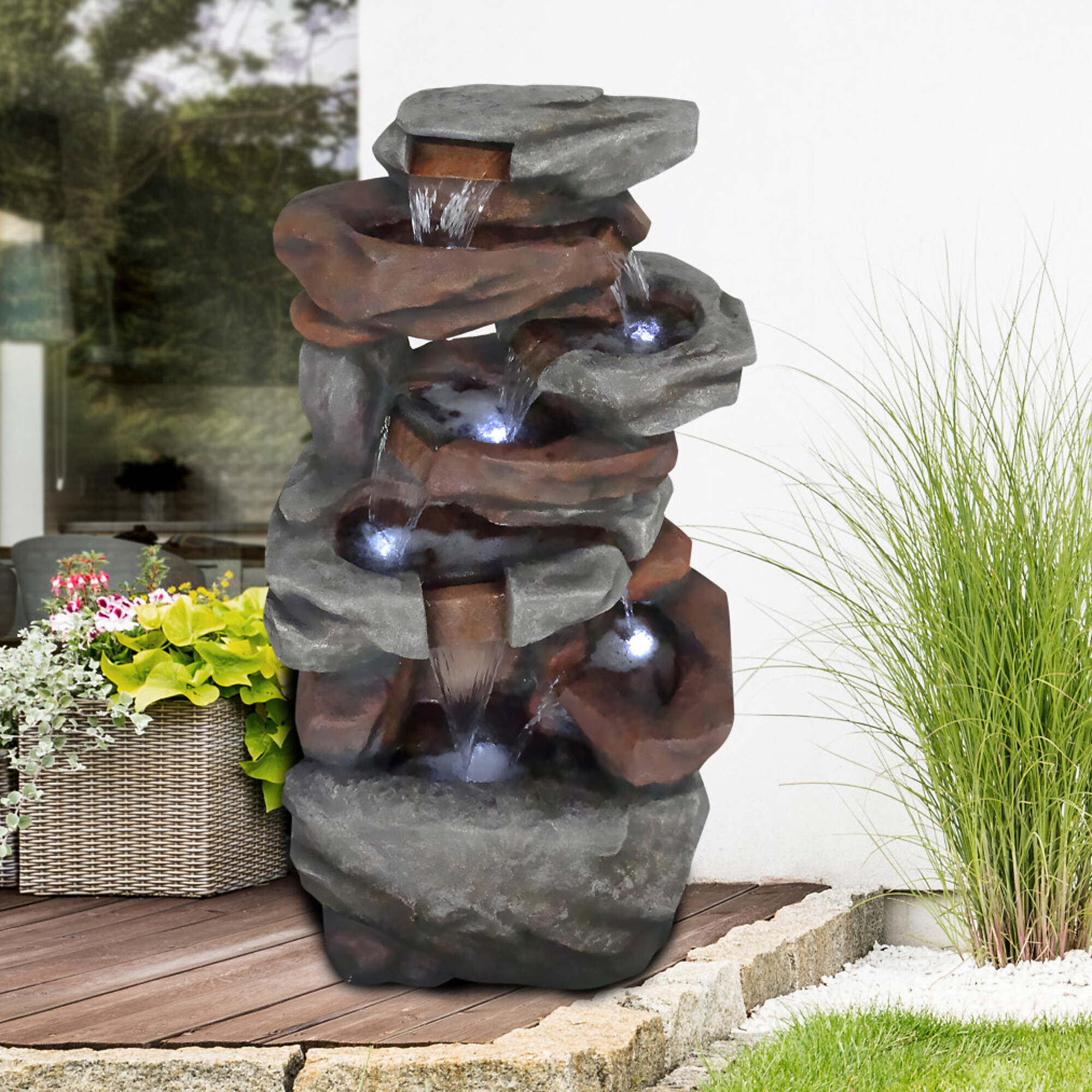 Alpine Corporation, Cascading Natural Stone Fountain with LED Lights, Power Cord Length 5.9 ft, Model WIN1484S