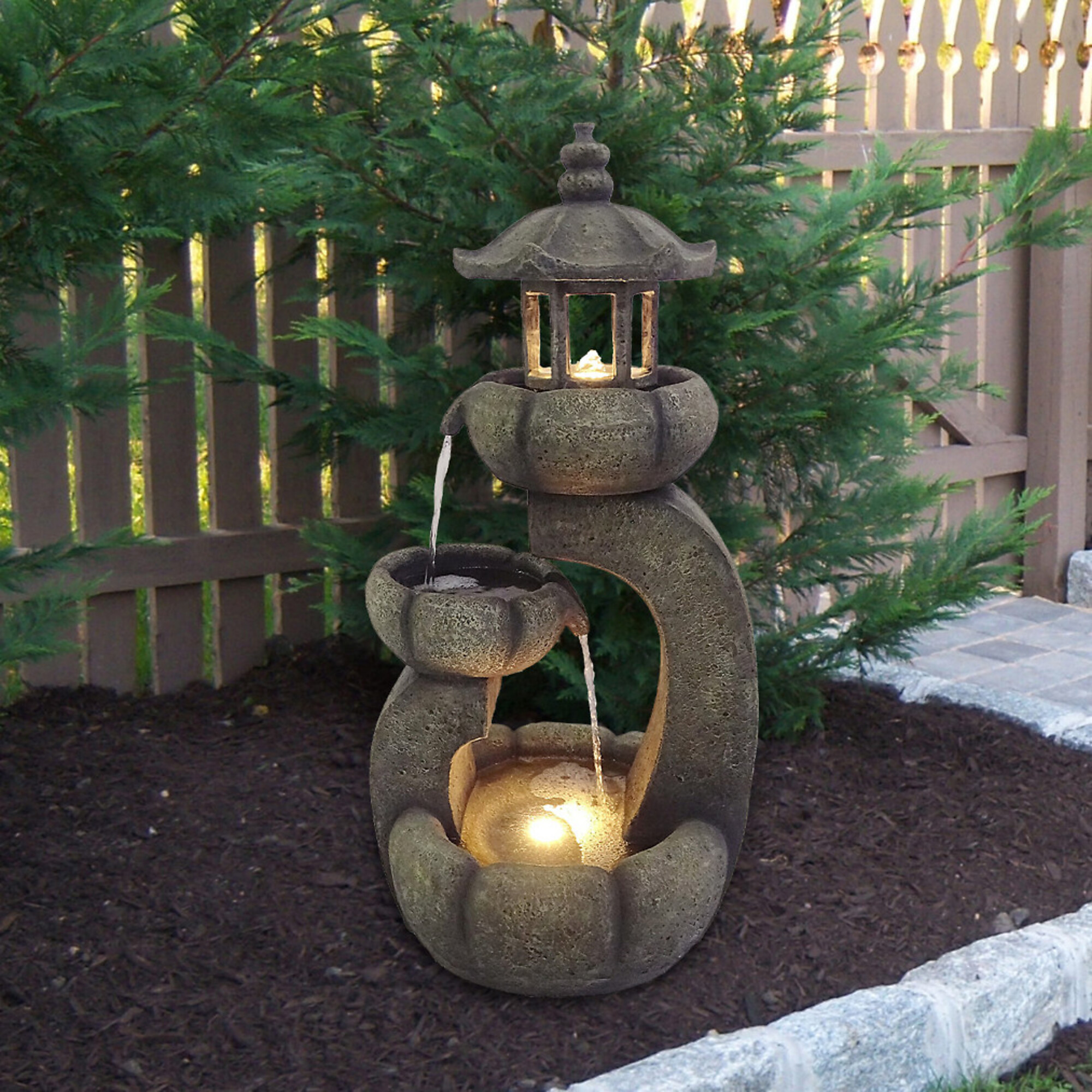 Alpine Corporation, Polyresin Fountain w/ LED Lights,2Layered Pavilion, Volts 120 Power Cord Length 6 ft, Model WIN1688