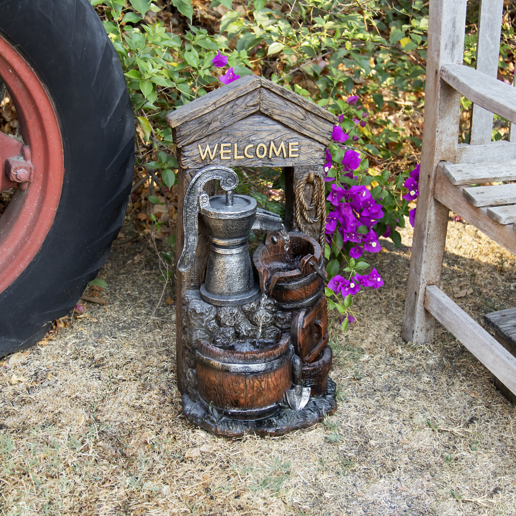 "Alpine Corporation, ""Welcome"" Water Pump Fountain,Rustic, Volts 12 Power Cord Length 5.9 ft, Model ZEN576S"