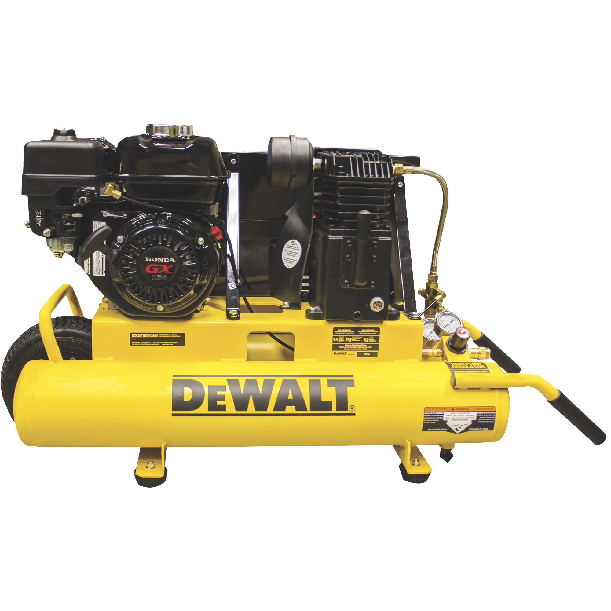 DEWALT Gas-Powered Wheelbarrow Compressor, Honda GX160 OHV Engine, 8-Gallon, 9.9 CFM @ 90 PSI, Model DXCMTB5590856.SAN