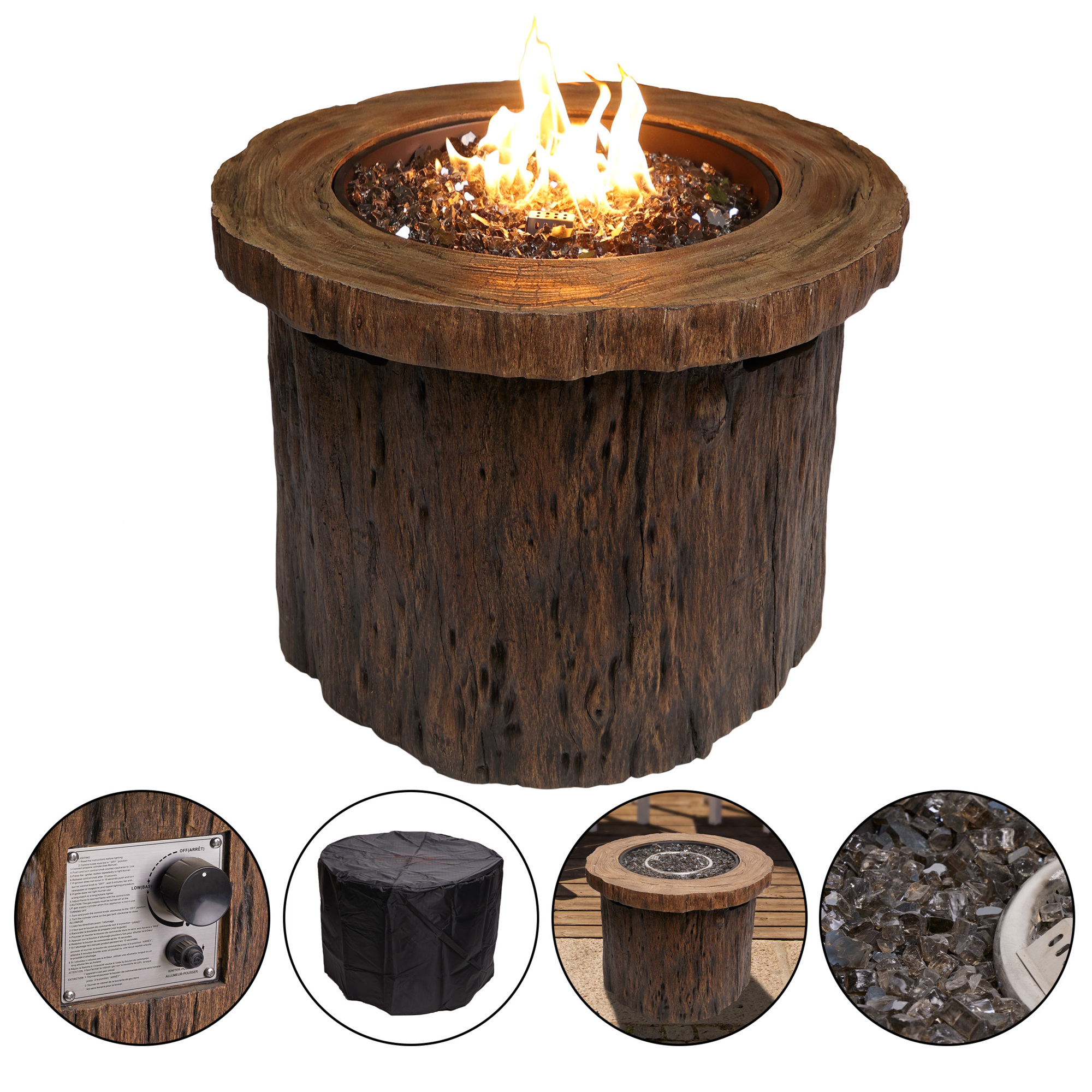 Alpine Corporation, BTU Fire Pit,50K,Adjustable Flame Rustic Wood Look, Diameter 32 in, Model GXT962