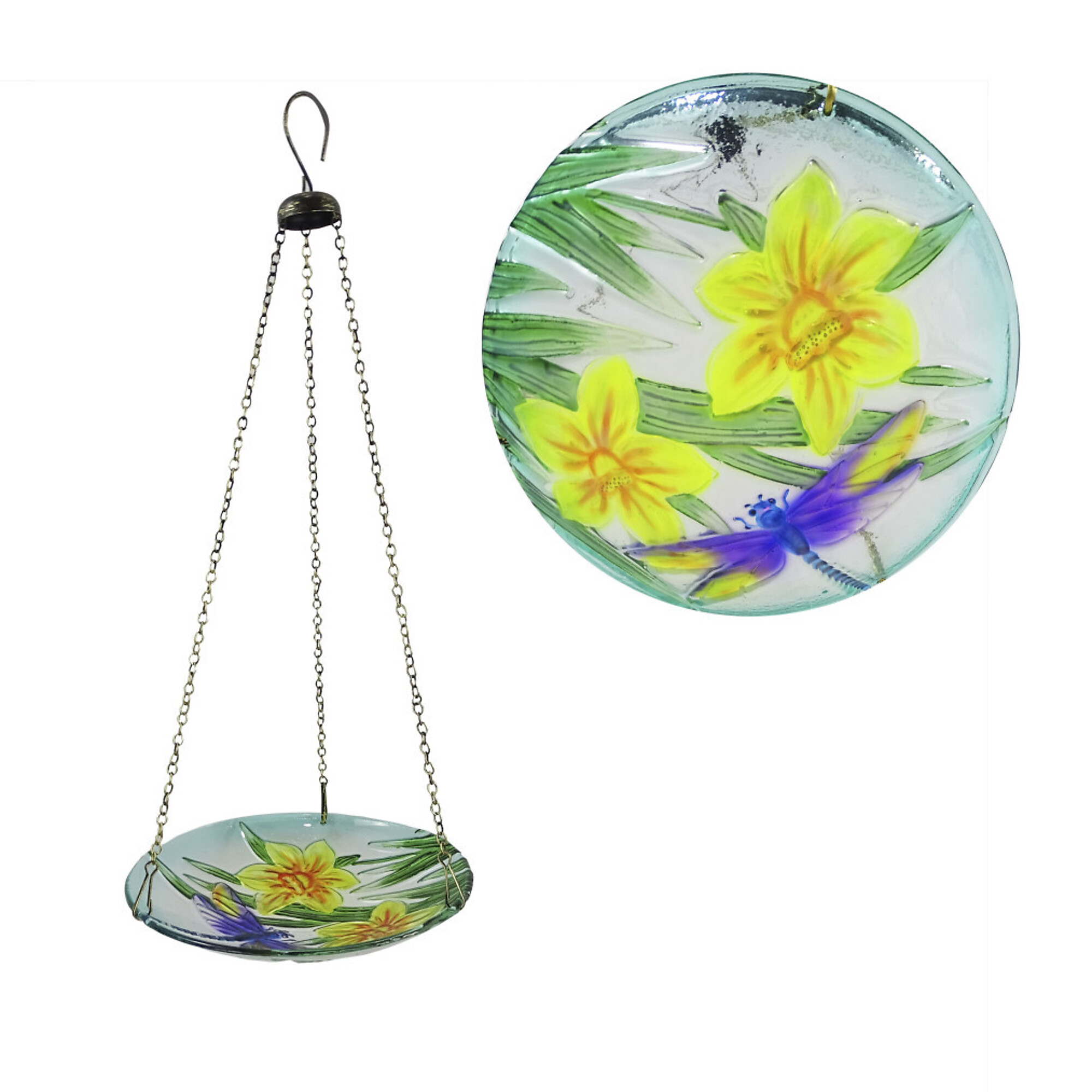 Alpine Corporation, Glass Hanging Birdfeeder w/ Flowers Dragonfly,10Inch, Model KBD158