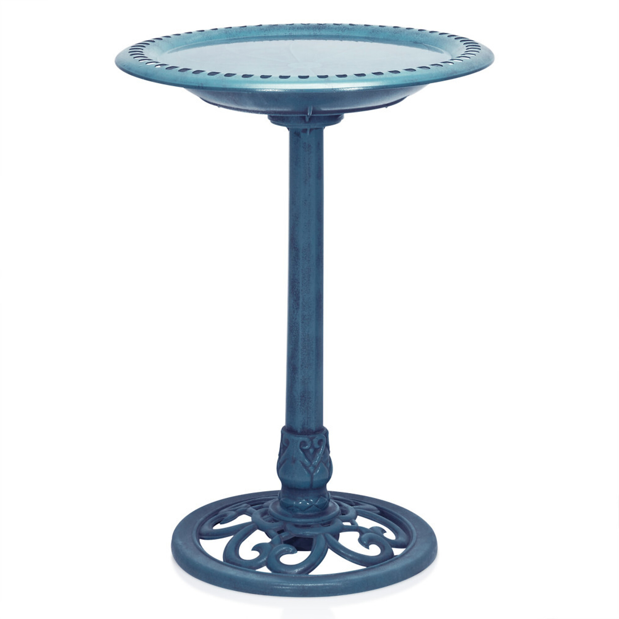 Alpine Corporation, Blue Pdsl Birdbath w/Scrollwork BaseGround Stakes, Model TEC116BL