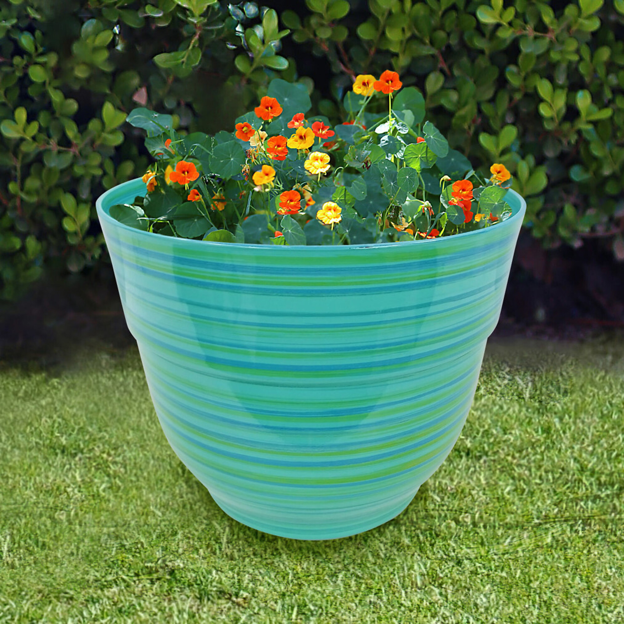 Alpine Corporation, Turquoise Glossy Striped Planter w/ Drainage Hole, Container Length 13 in, Container Width 13 in, Material Polypropylene, Model
