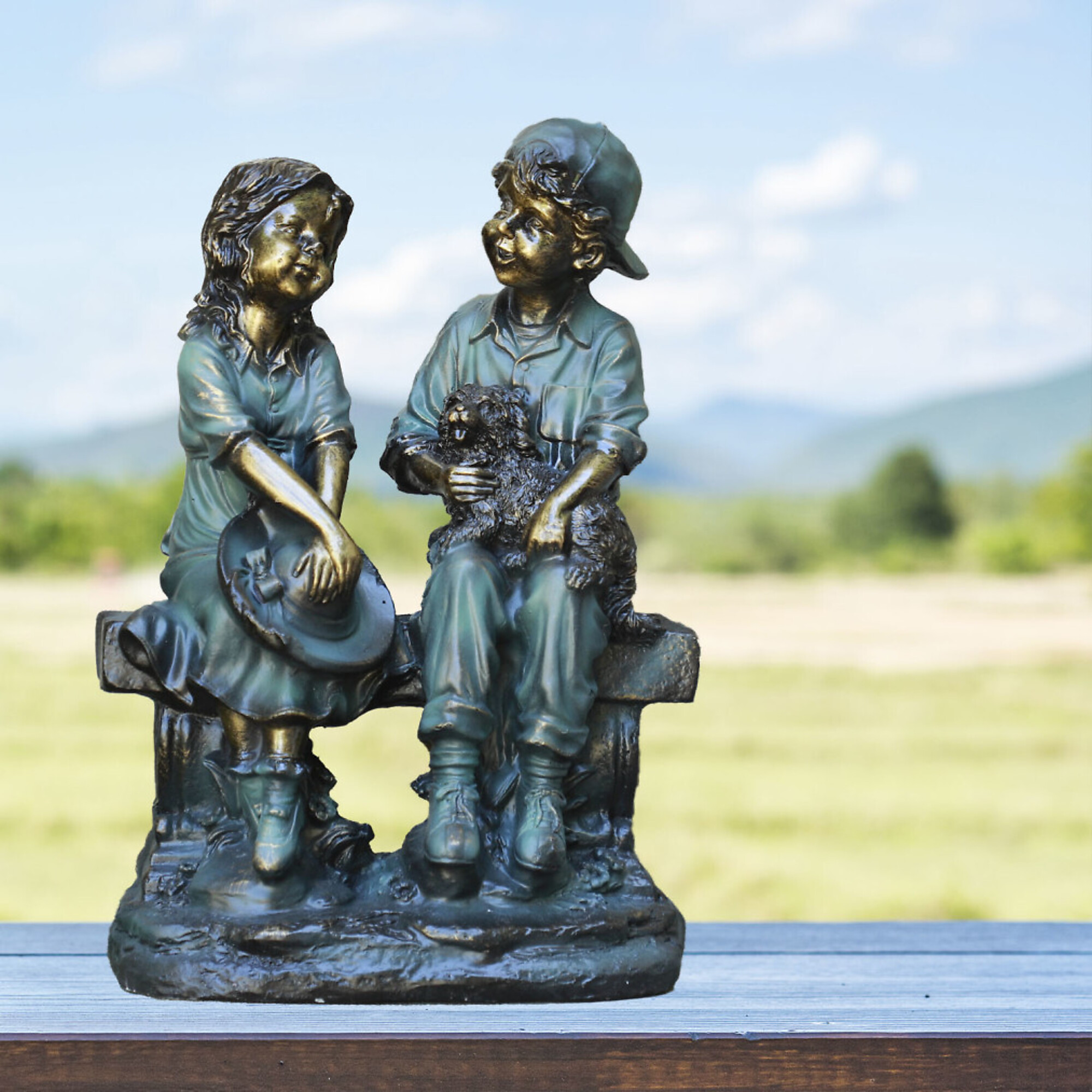 Alpine Corporation, Girl and Boy Sitting on Bench with Puppy Statue, Model GXT264