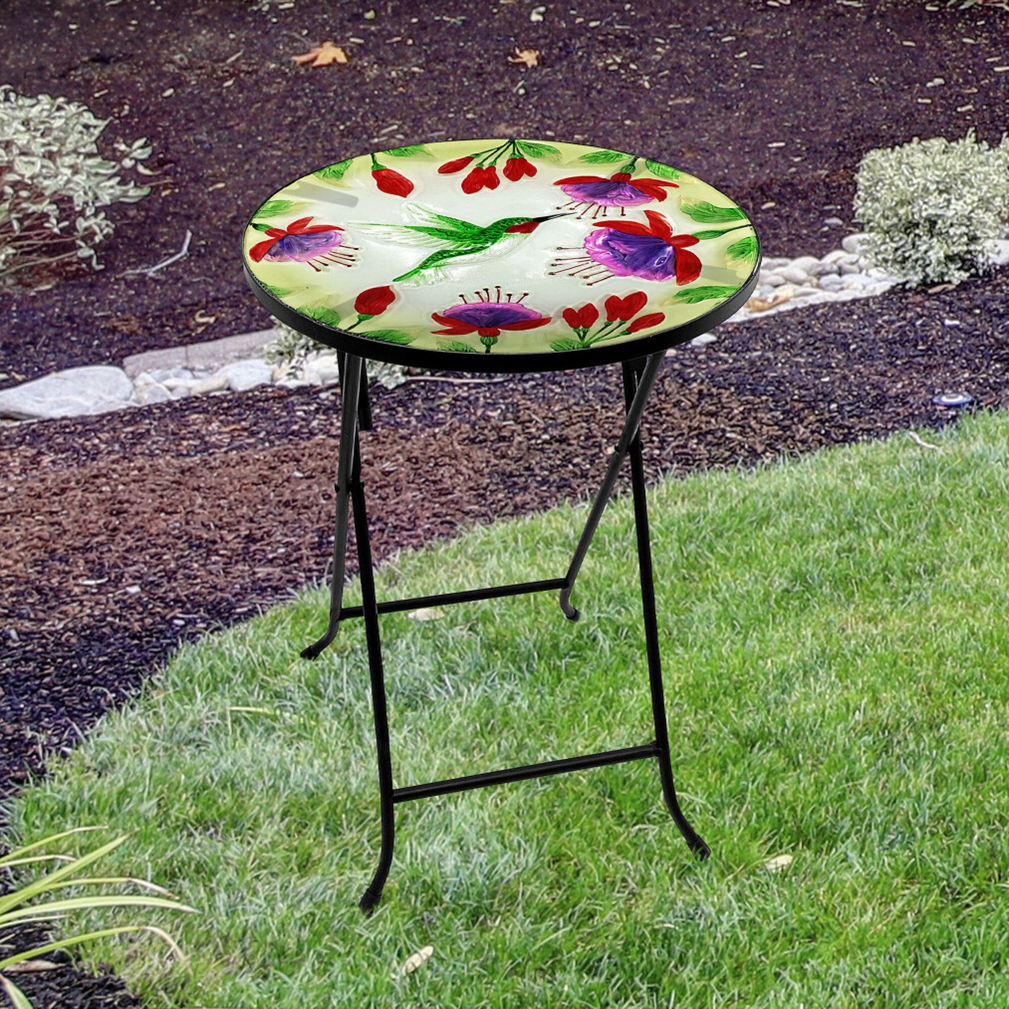 Alpine Corporation, Folding Glass Round Table w/ FlowersHmngbirds 14Inch, Model KBD107T-14