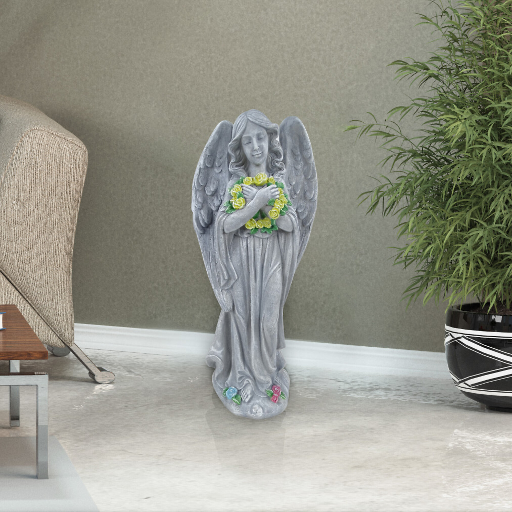 Alpine Corporation, Angel with Yellow Flower Wreath Statue, Model MCC832