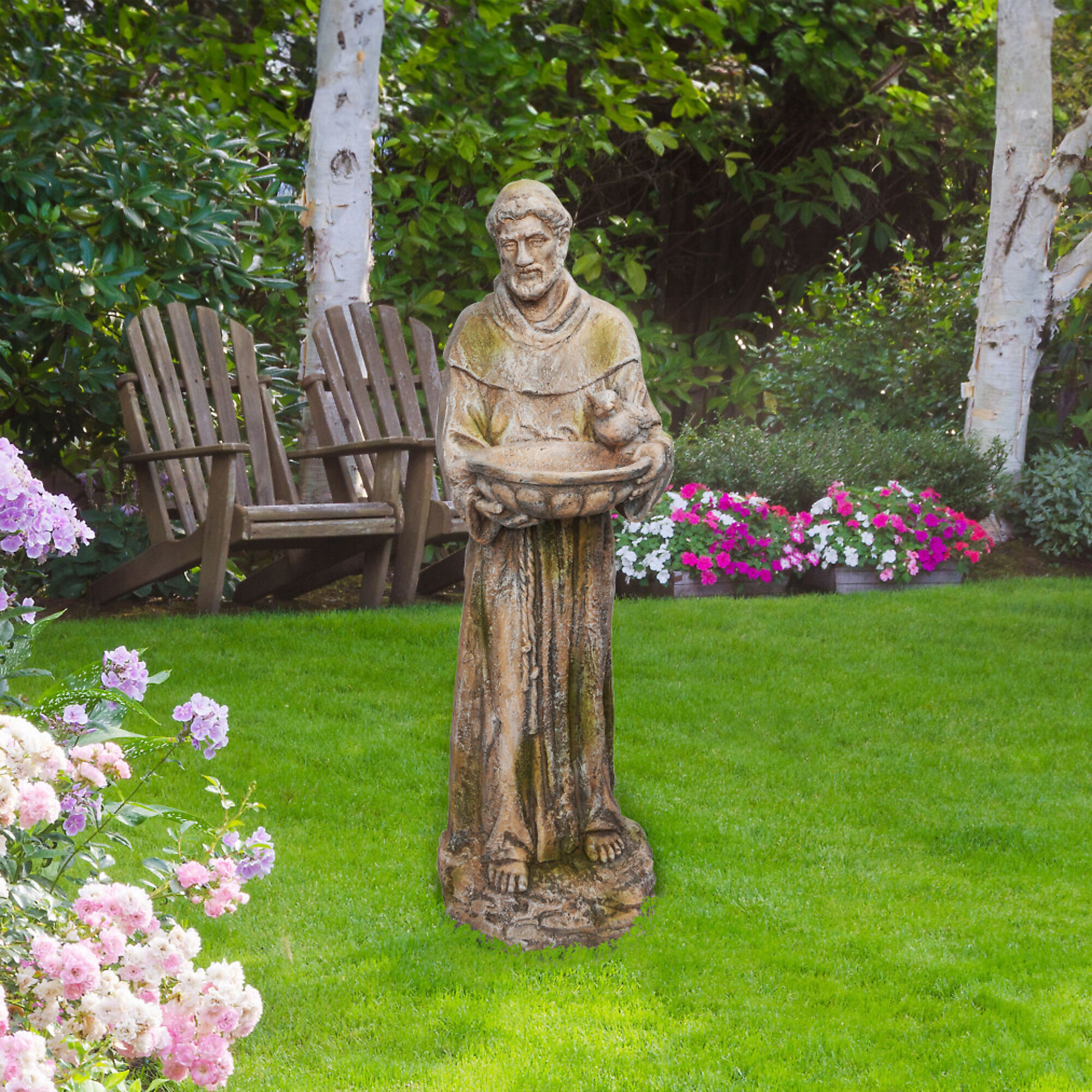 Alpine Corporation, Old World St. Francis Statue w/ Bird Feeder Mossy, Model QFC107-201