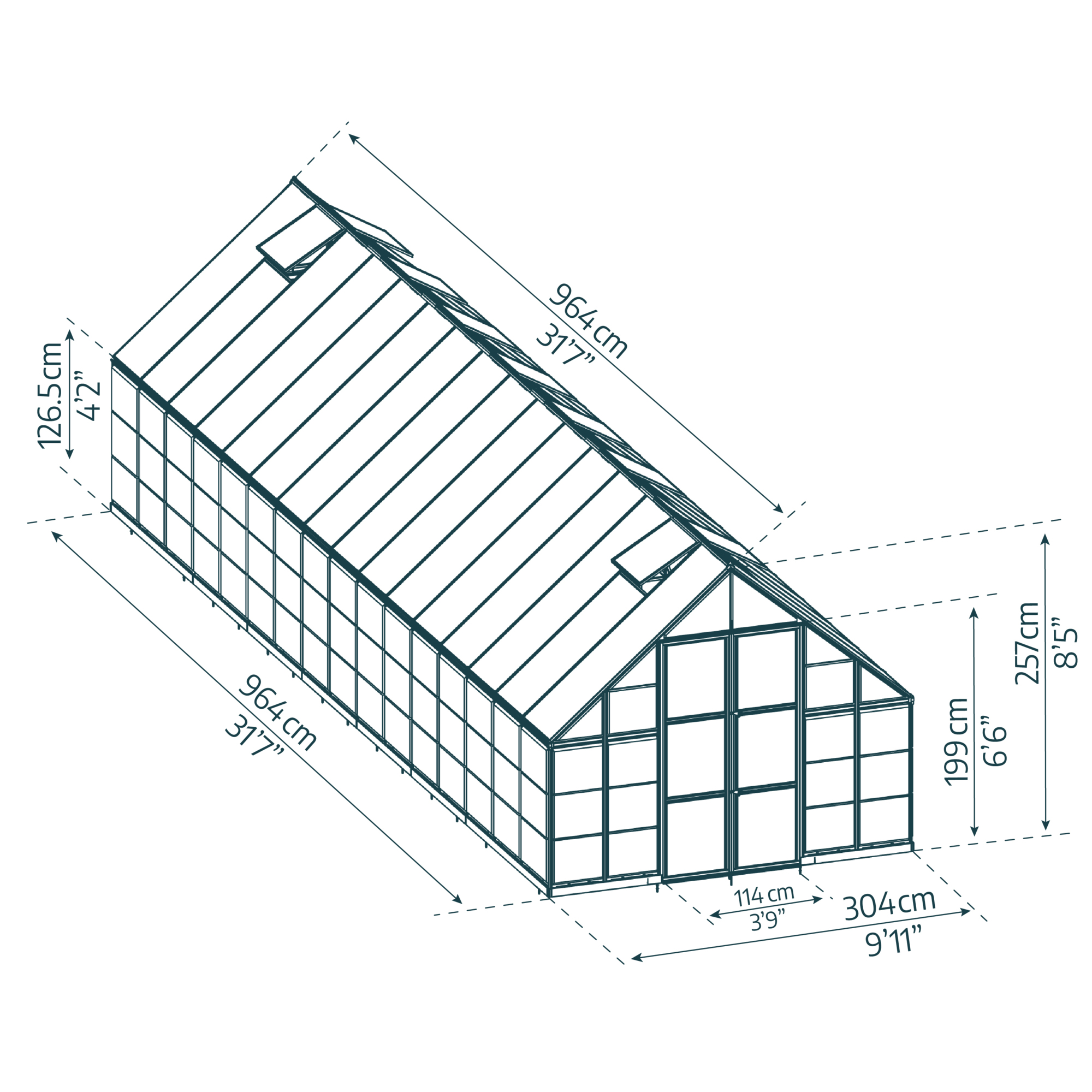 Poly-Tex Inc., Balance 10ft. x 32ft. Greenhouse - Silver, Length 379.5 in, Width 119.7 in, Center Height 101.2 in, Model 707016