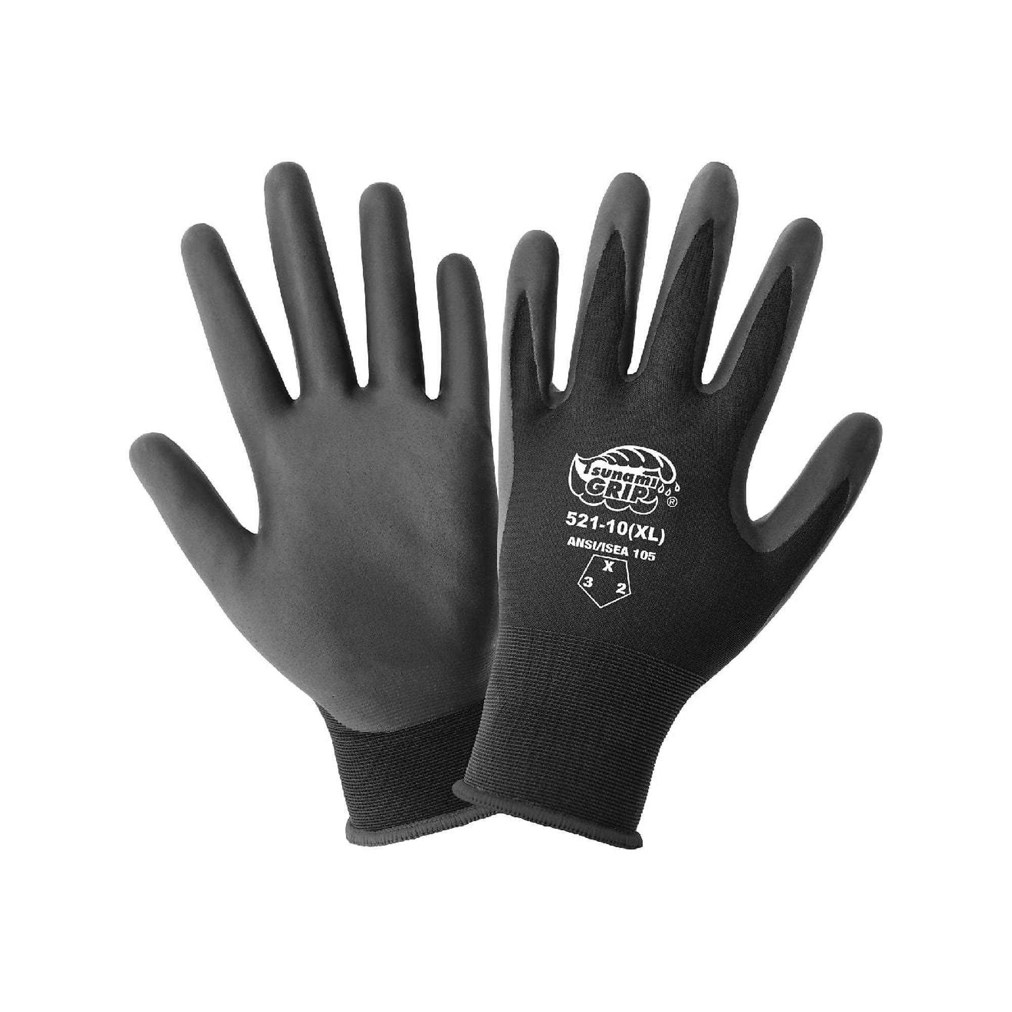 Global Glove Tsunami Grip , Tsunami Grip FDA Nitrile Coated 21-Gauge Gloves - 12 Pairs, Size L, Color Black, Included (qty.) 12 Model 521-9(L)