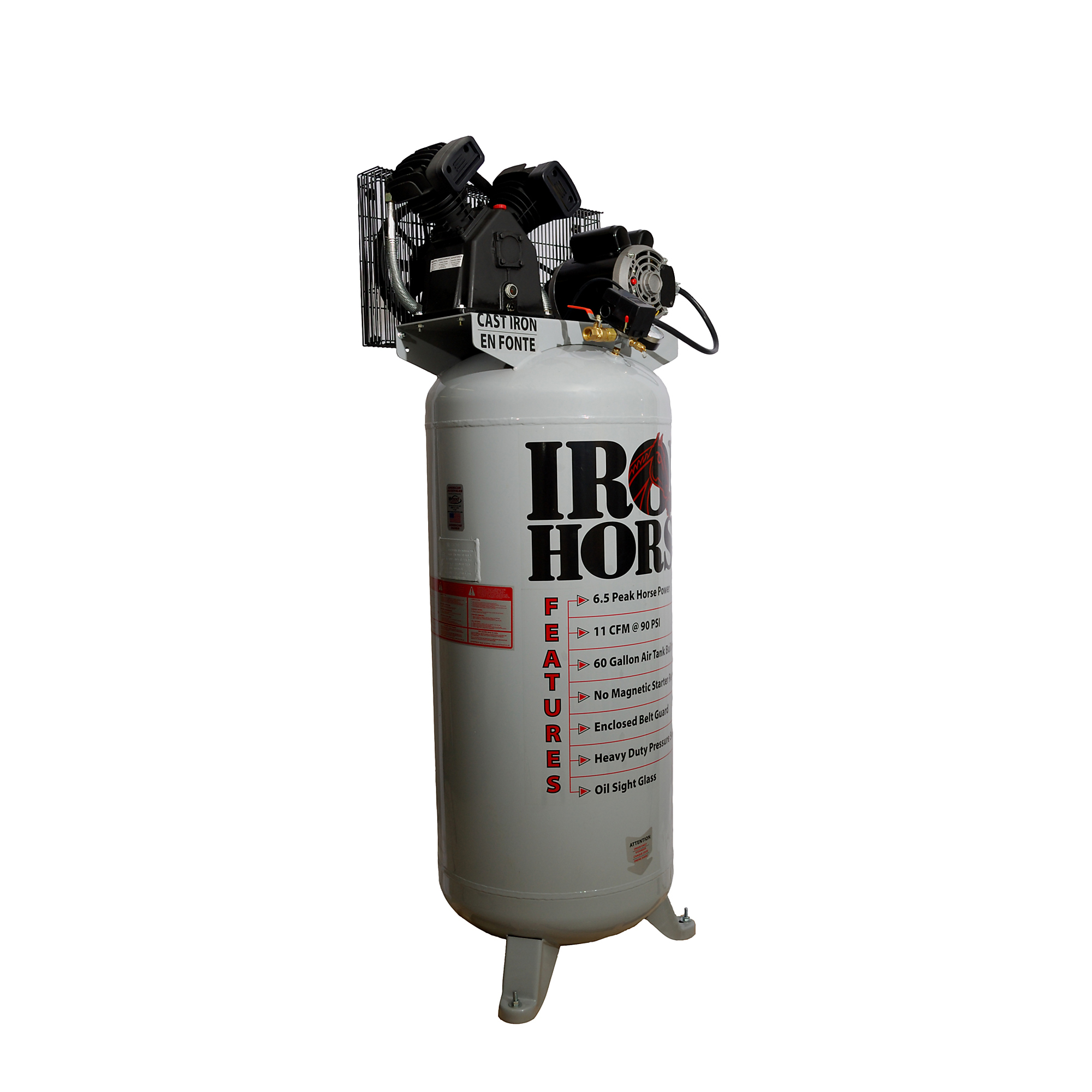 60 Gallon Stationary Air Compressor, Horsepower 6 HP, Air Tank Size 60 Gal, Volts 220 Volt, Model# - Iron Horse IHD6160V1