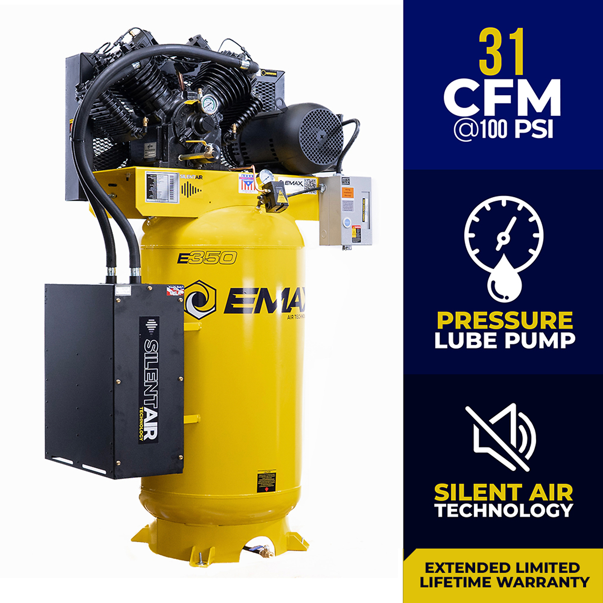 EMAX Industrial Silent Air 2-Stage Air Compressor, 7.5 HP, 230 Volt, 1 Phase, 80-Gallon Vertical, Model ES07V080V1