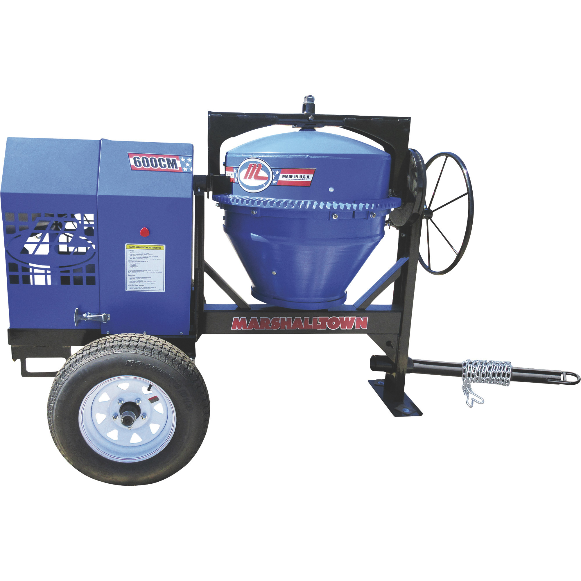 Marshalltown 600CM Concrete Mixer with Pintle Tow and 1.5 HP Electric Engine, 6 Cubic Ft. Mixing Capacity, Model MIX59292