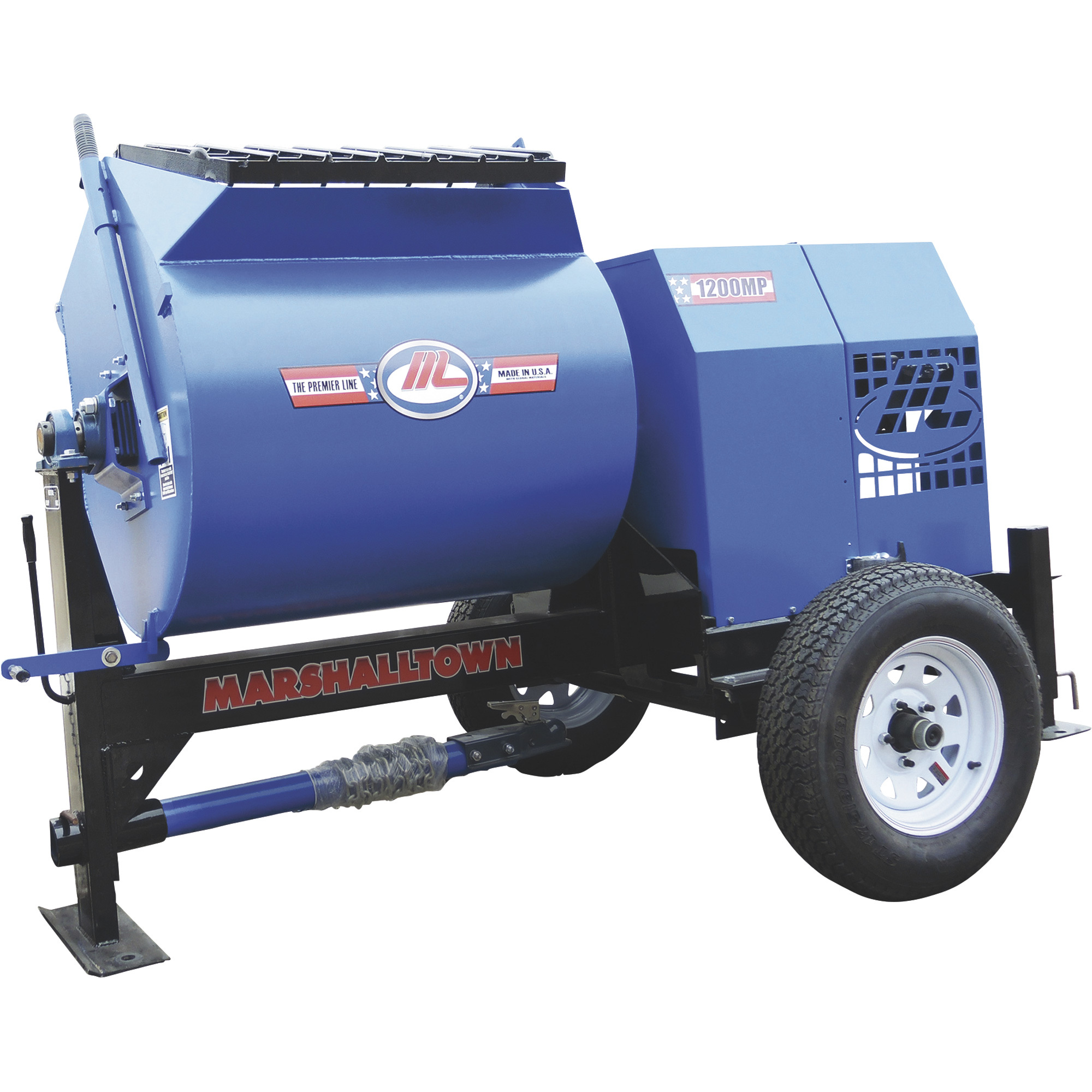 Marshalltown 1200MP Mortar/Plaster Mixer with Ball Tow Outrigger and 8 HP Gas Engine â Model 1200MP8HBO