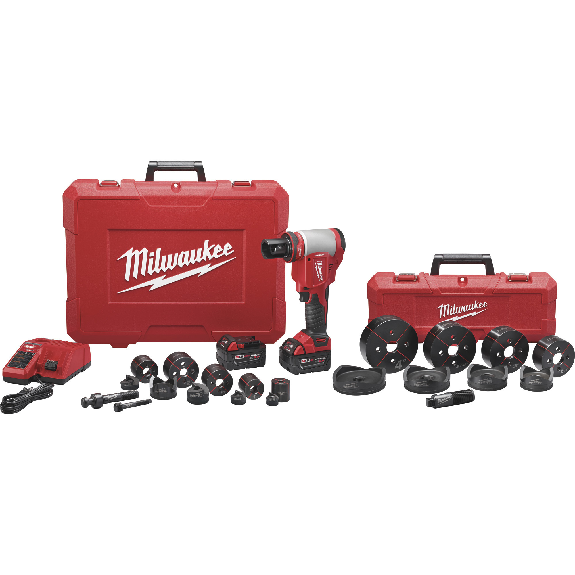 Milwaukee ForceLogic M18 Cordless 10-Ton Knockout Tool Kit, 1/2Inch-4Inch, 2 Batteries, Model 2676-23