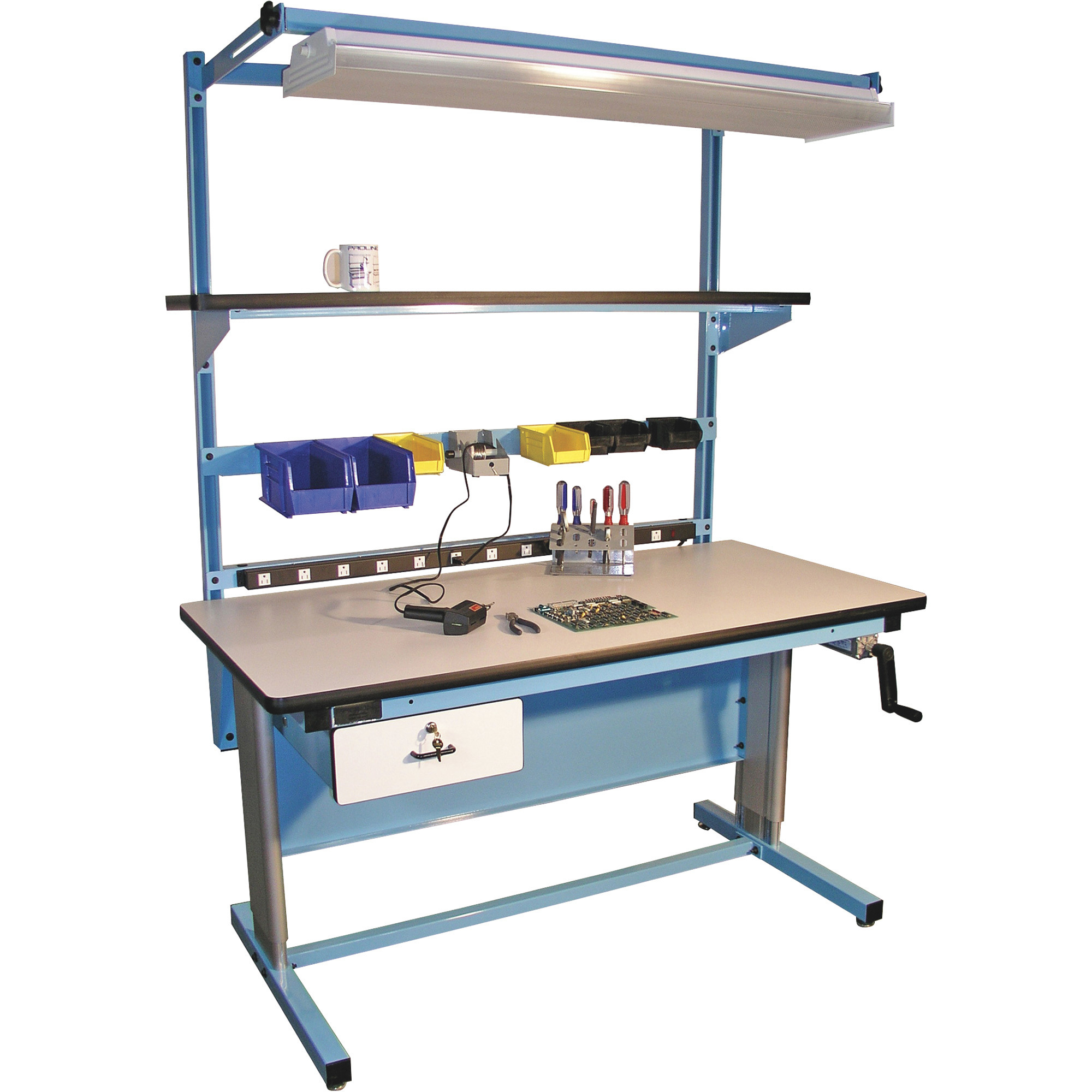 Pro-Line Hand-Crank, Height-Adjustable ESD Laminate Workbench — White/Light Blue, 60Inch W x 30Inch D x 30–42Inch H, Model R -  Proline, BIB16