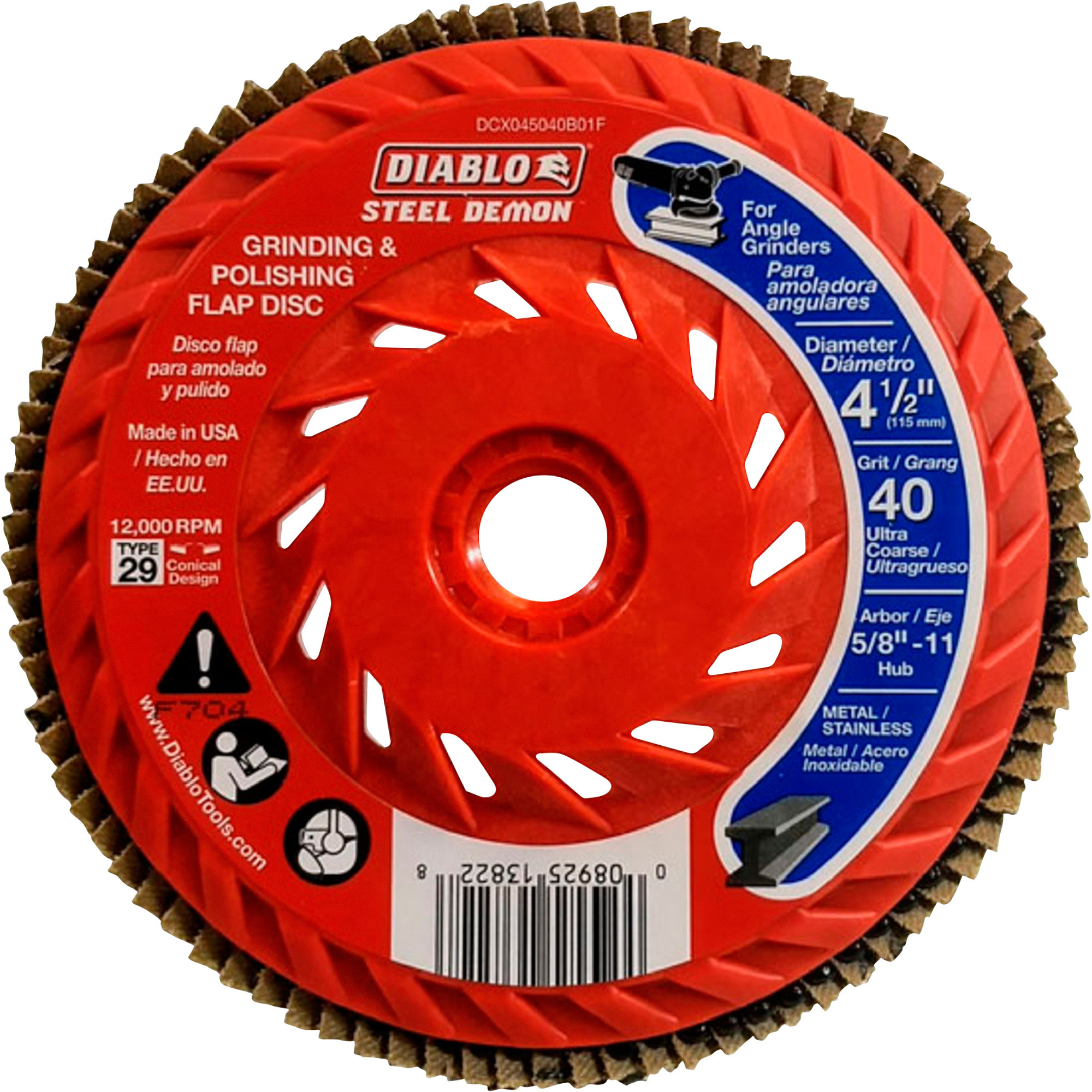 Diablo Speed Demon Flap Disc, 4 1/2Inch, 40 Grit Conical, With Speed Hub, Model DCX045040B01F